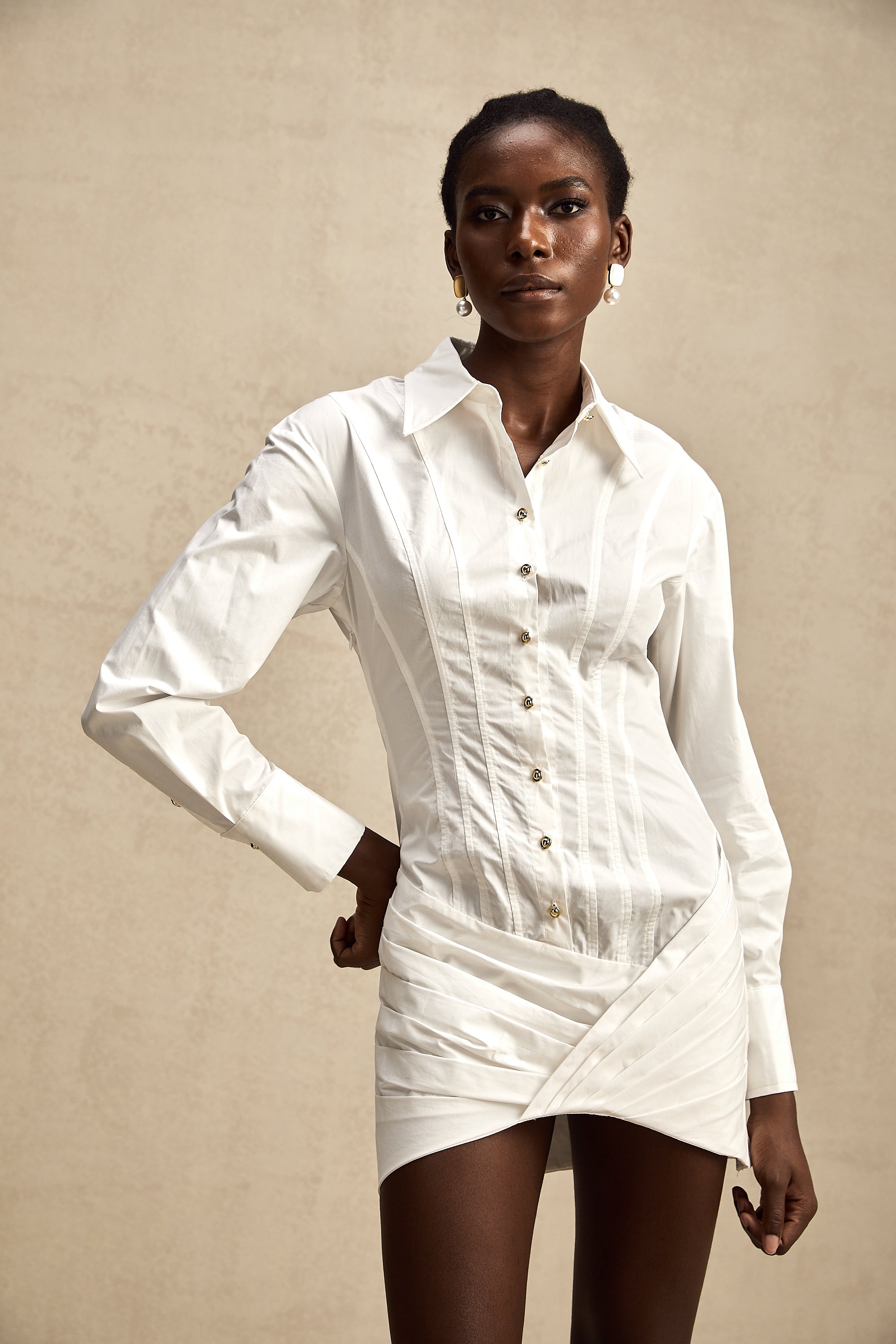 Orlane white cinched-waist pleated mini shirt dress