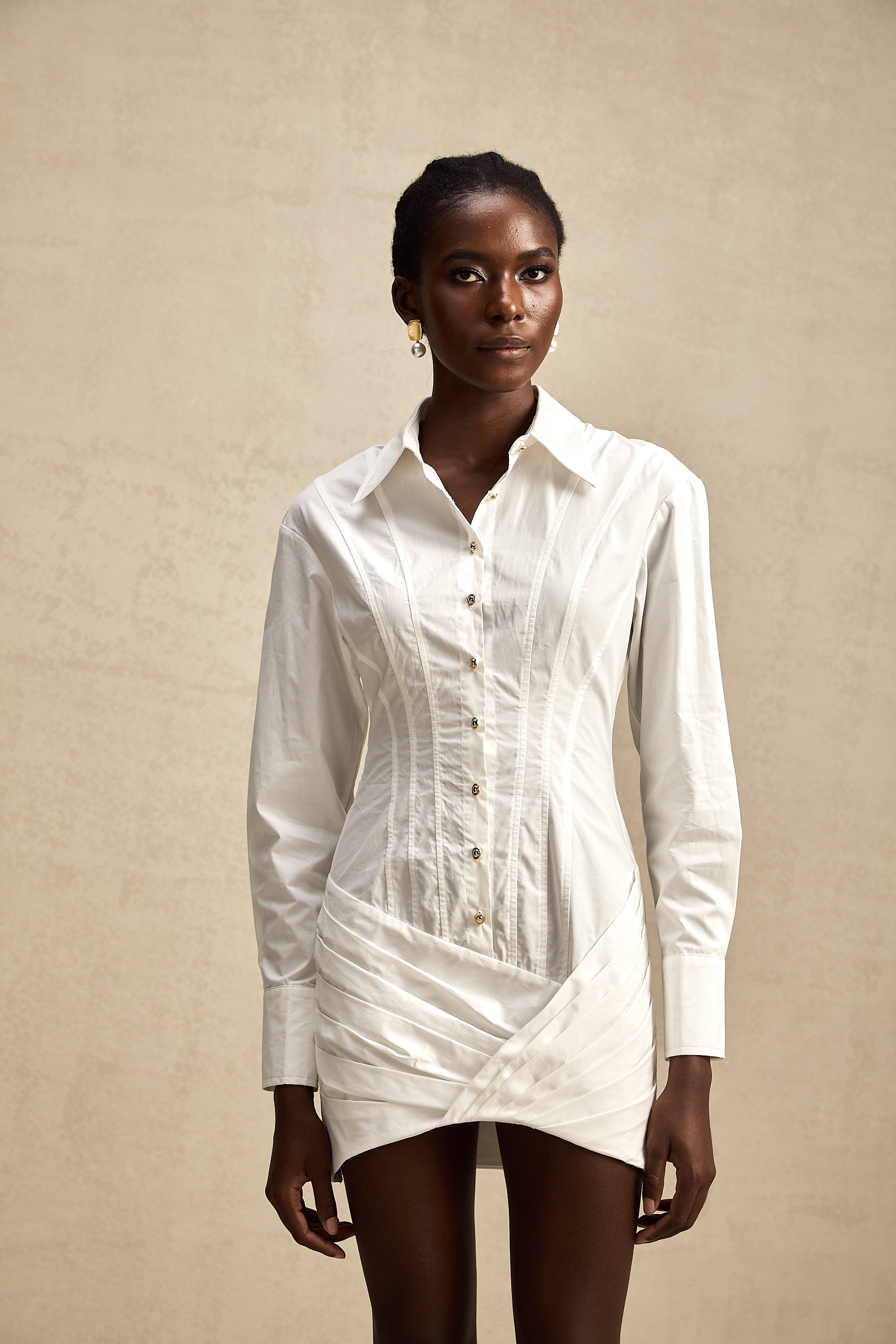 Orlane white cinched-waist pleated mini shirt dress