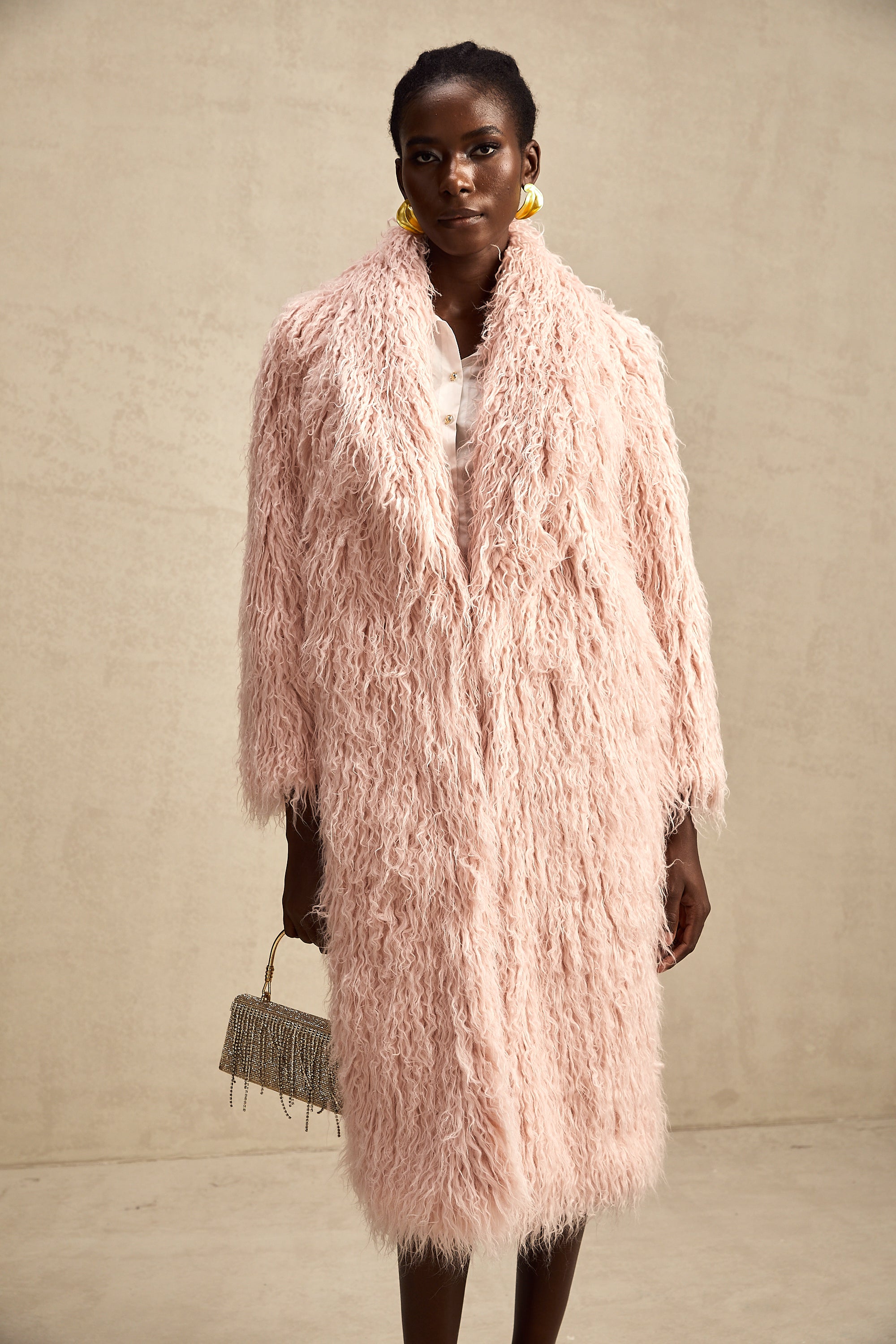 Mélanie pink faux-fur open-front coat