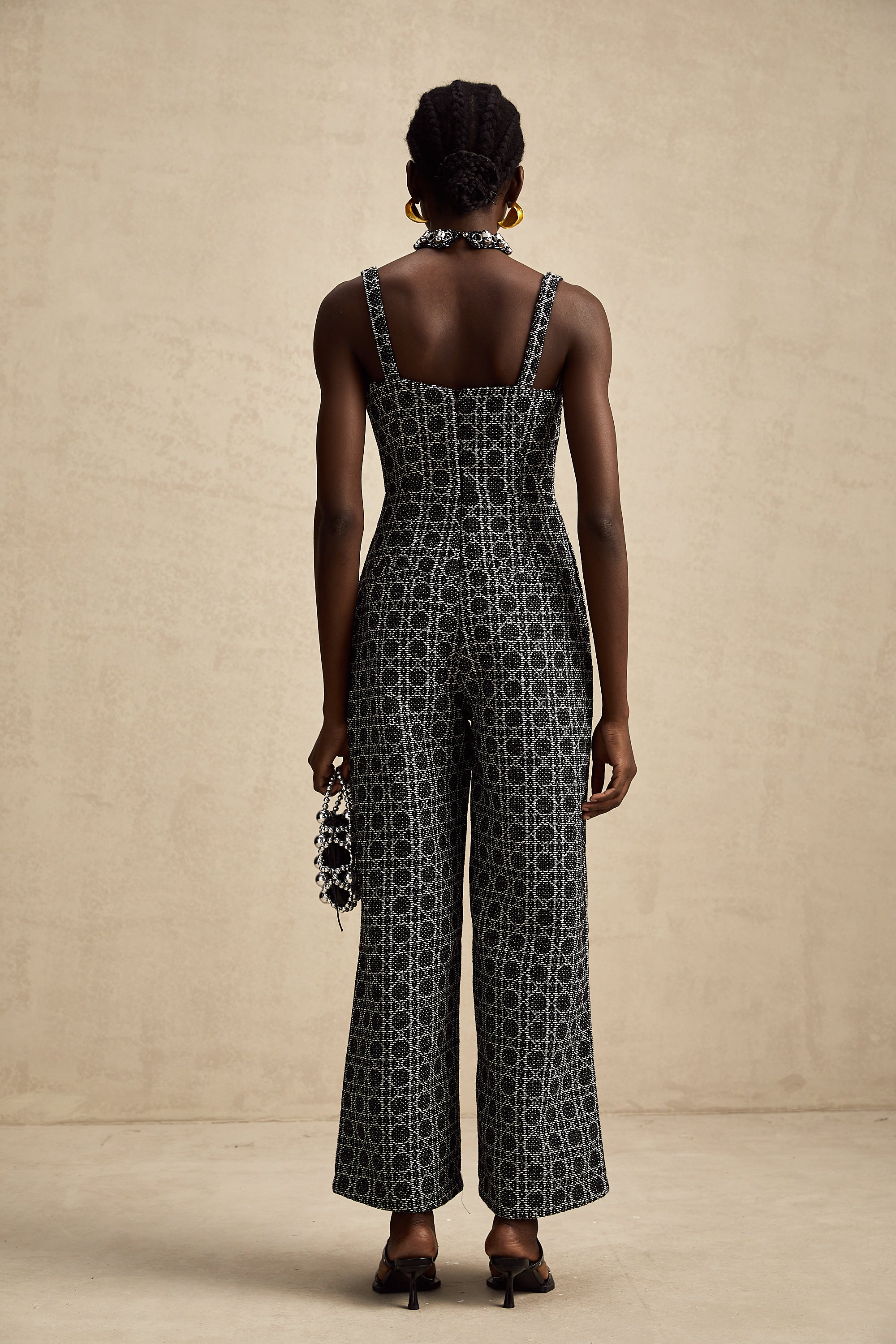 Carole black diamond-pattern tweed jumpsuit