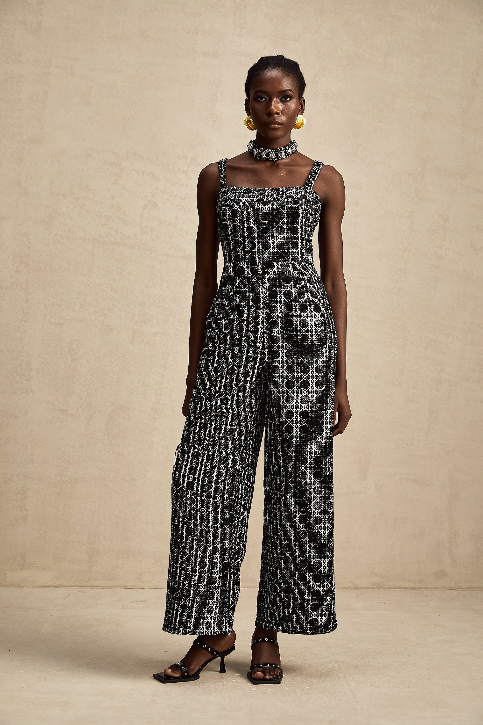 Carole black diamond-pattern tweed jumpsuit