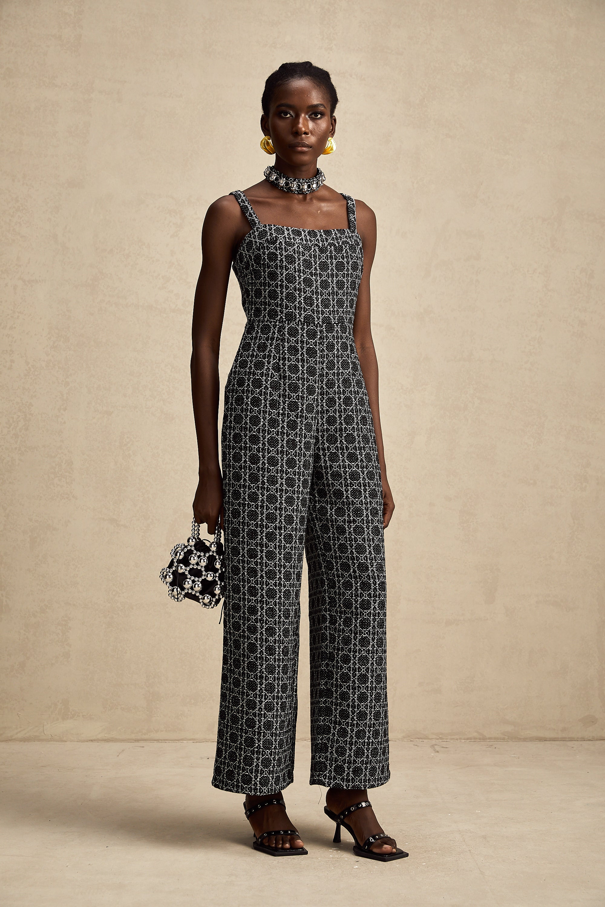 Carole black diamond-pattern tweed jumpsuit