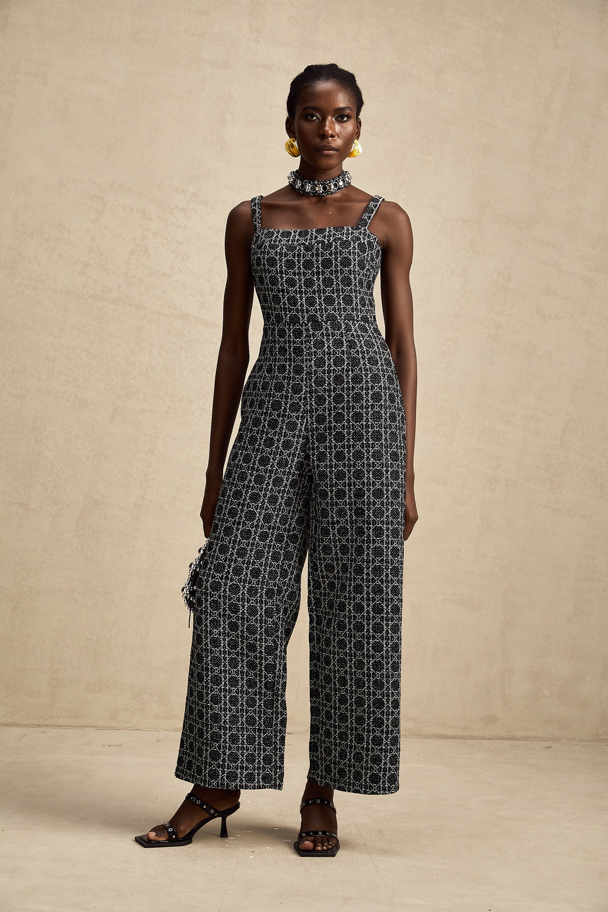 Carole black diamond-pattern tweed jumpsuit