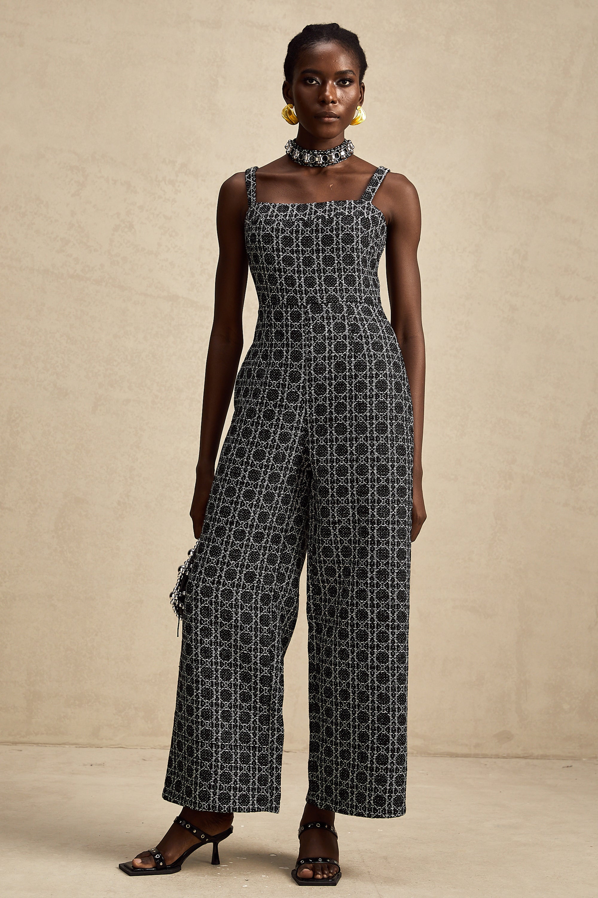 Carole black diamond-pattern tweed jumpsuit