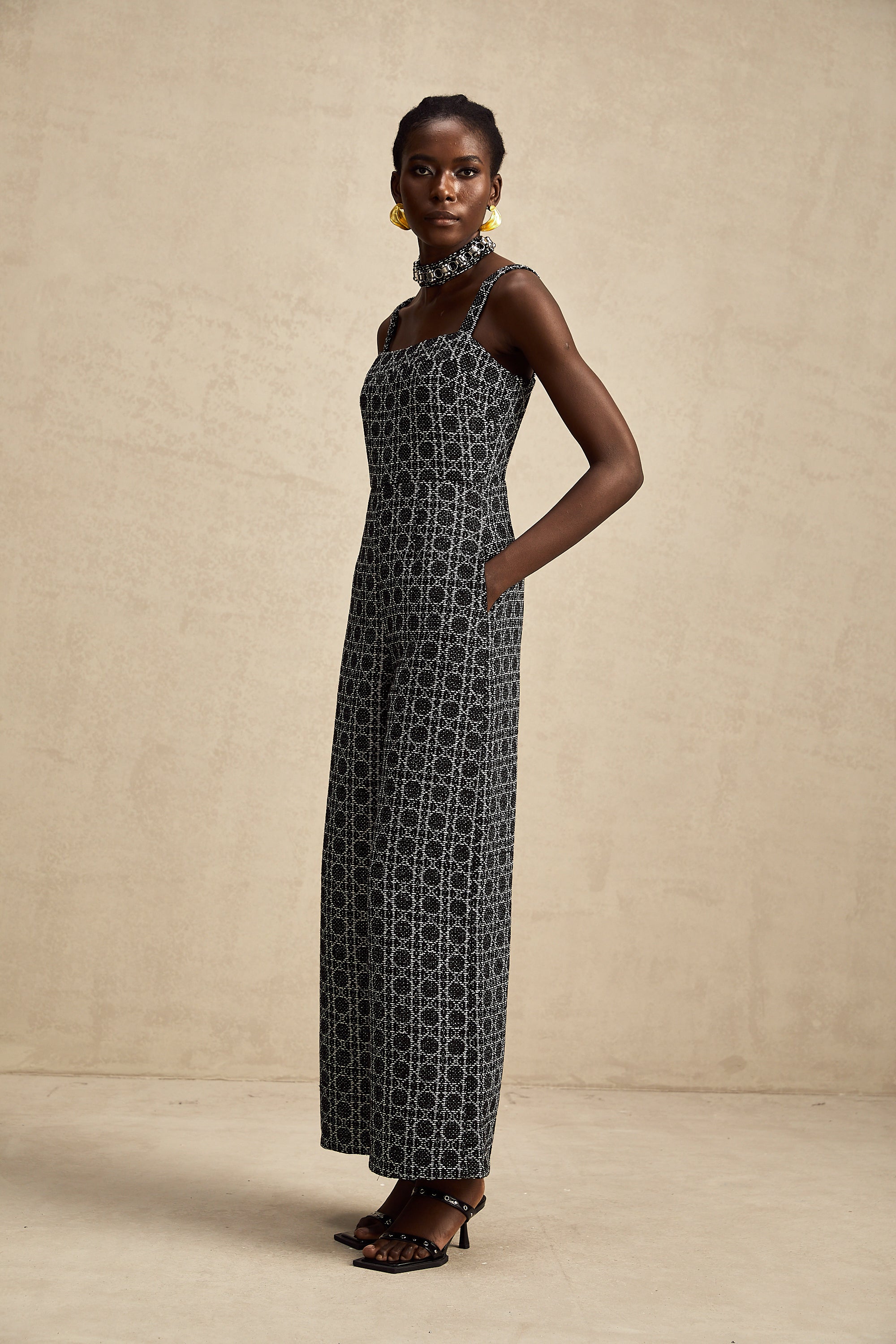 Carole black diamond-pattern tweed jumpsuit