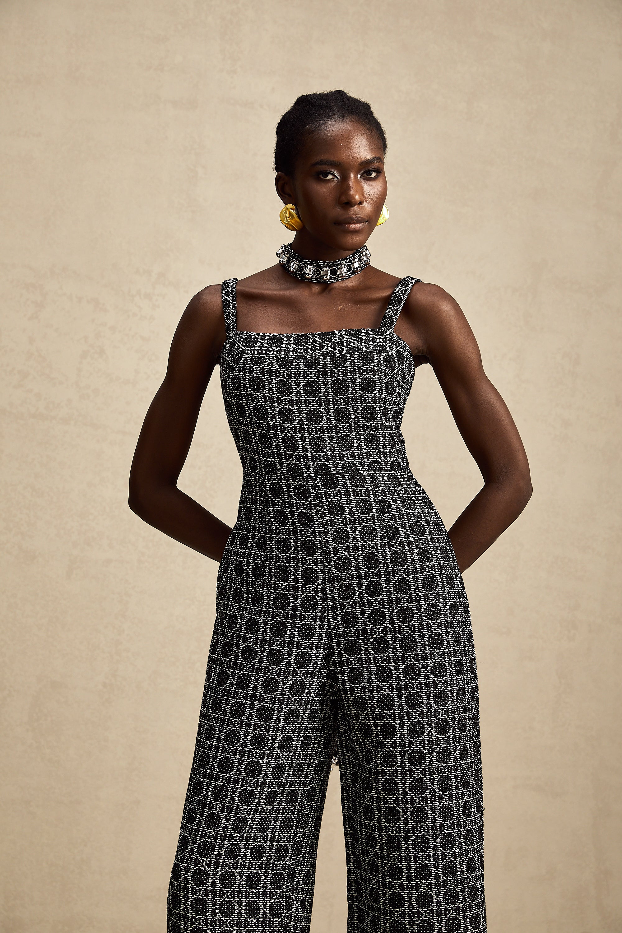 Carole black diamond-pattern tweed jumpsuit