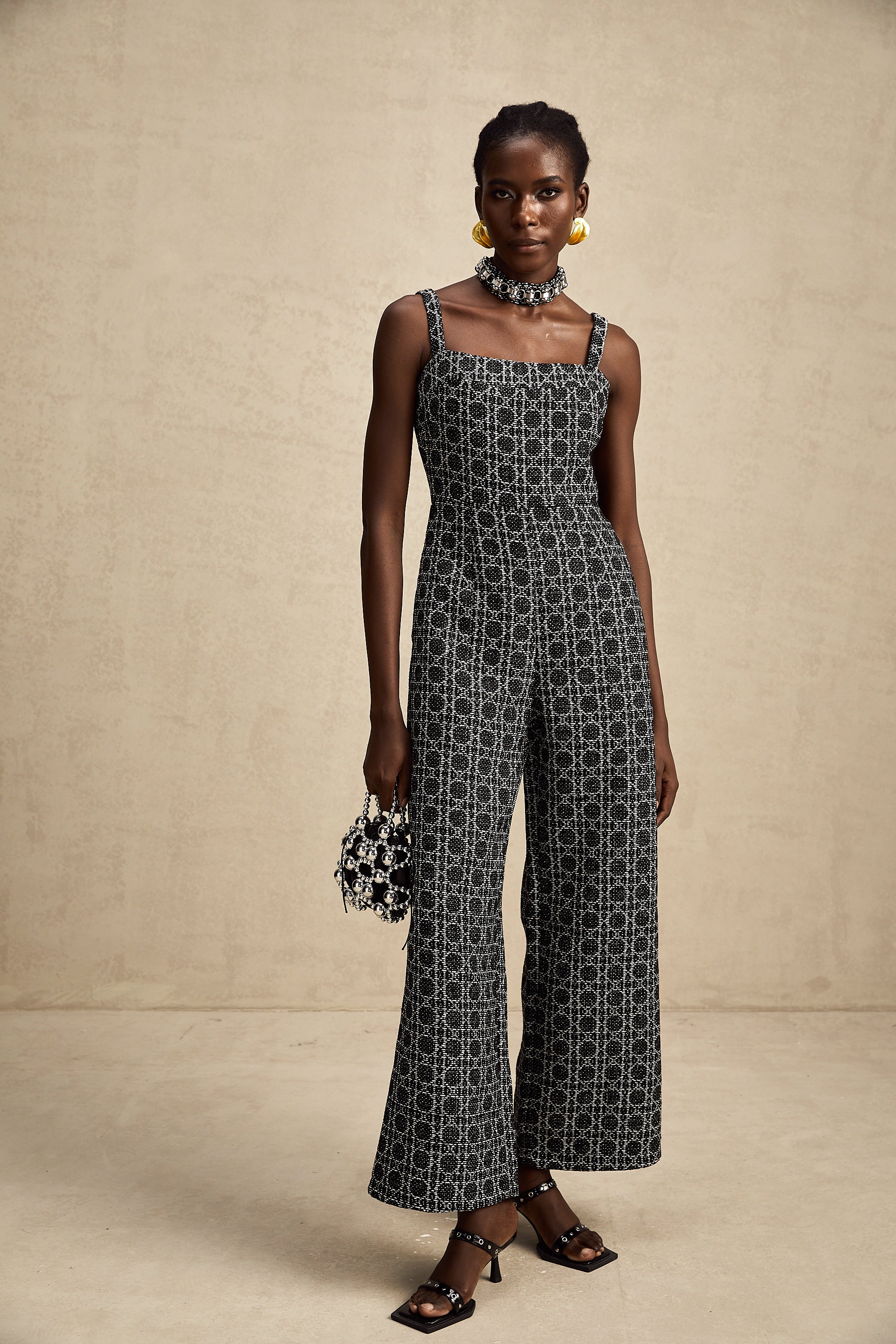 Carole black diamond-pattern tweed jumpsuit