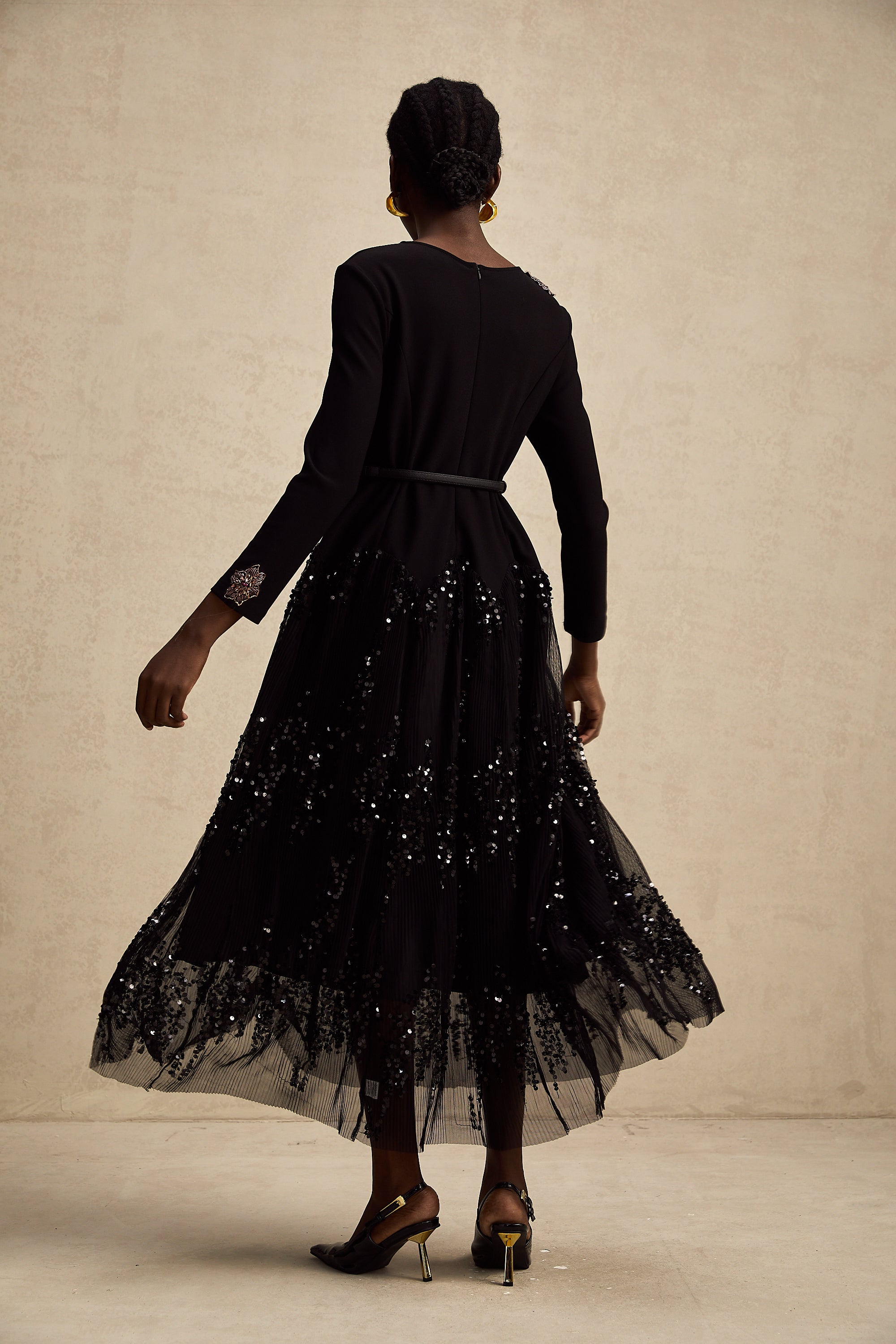 Carole black tulle-panel studded midi dress