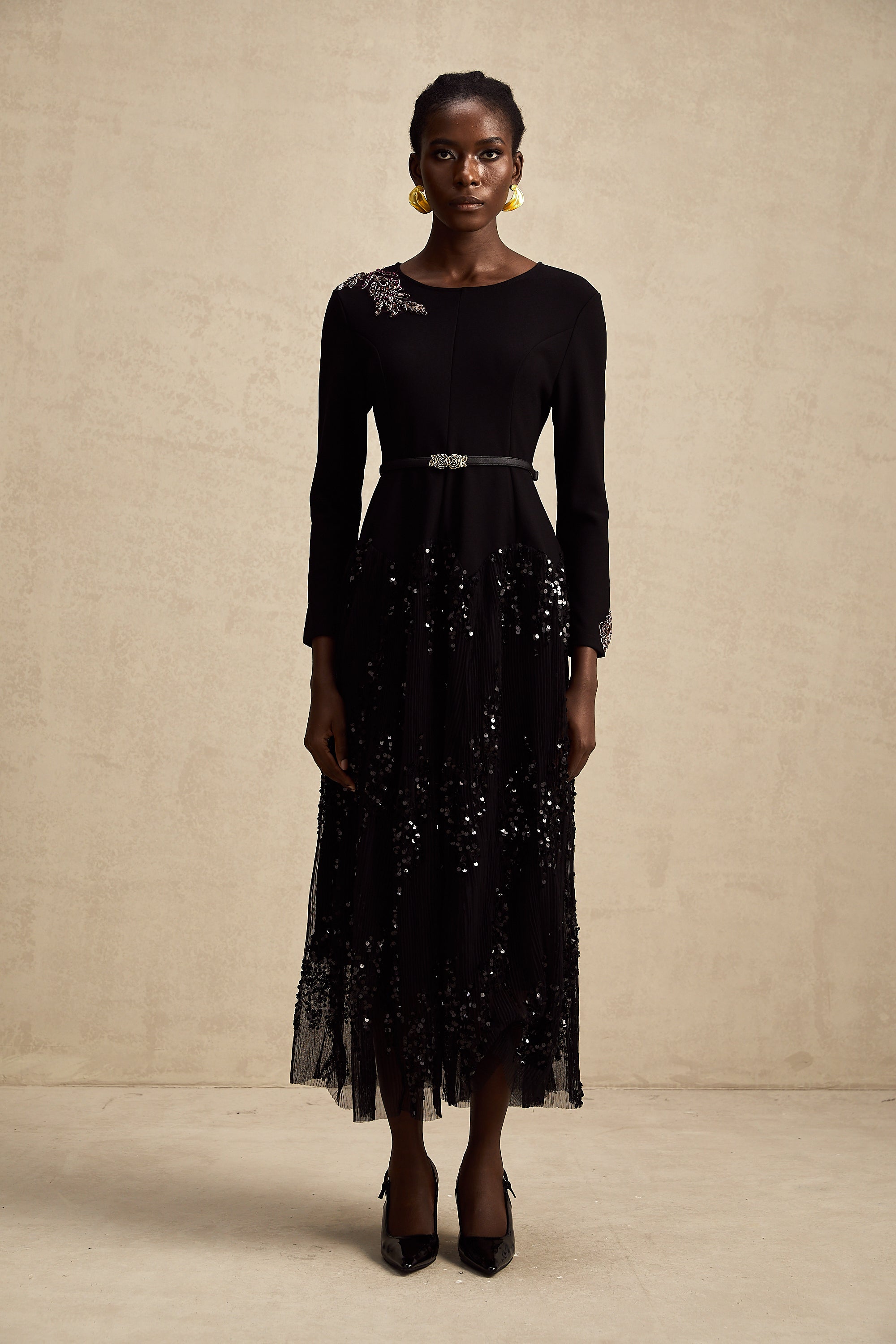 Carole black tulle-panel studded midi dress