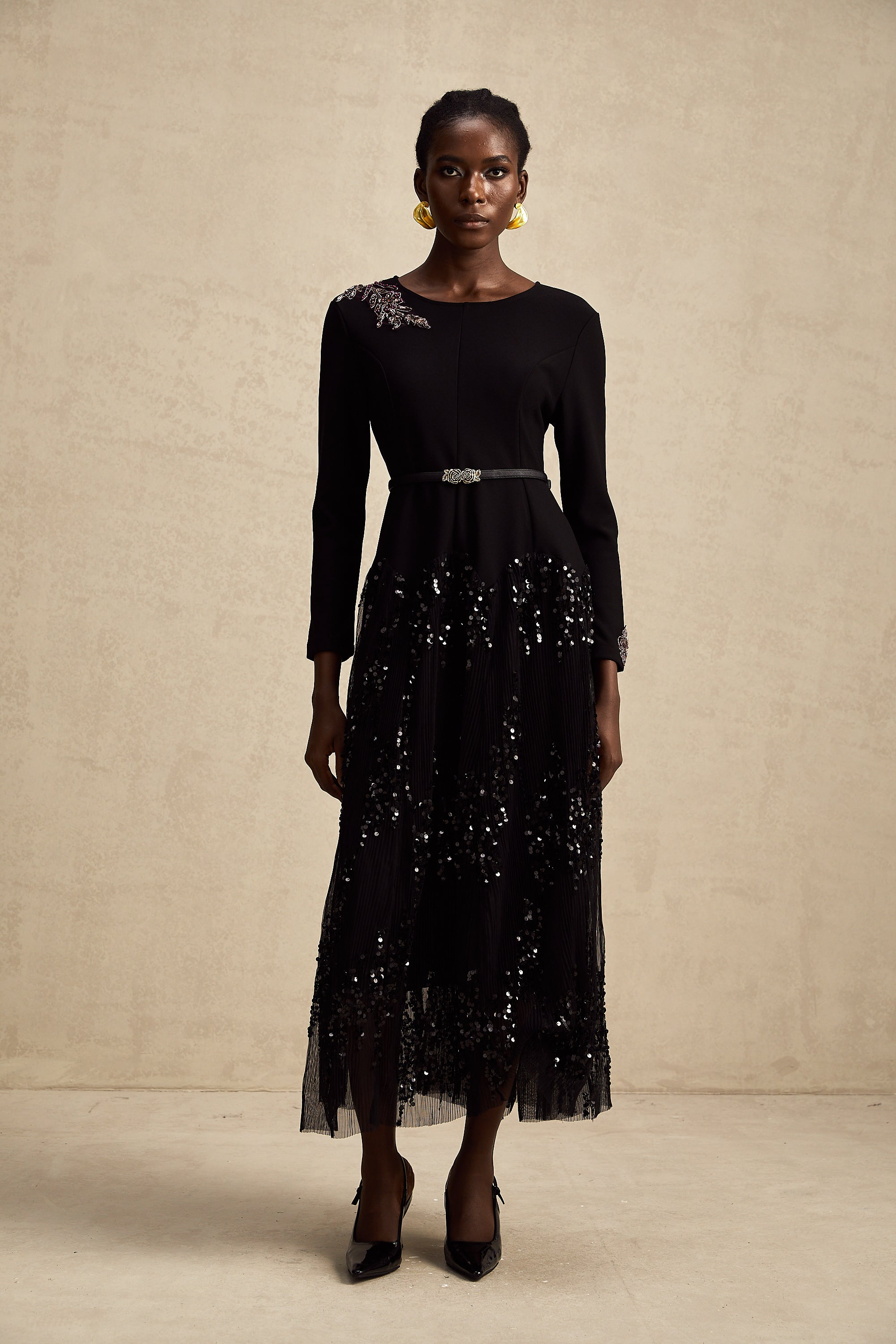 Carole black tulle-panel studded midi dress