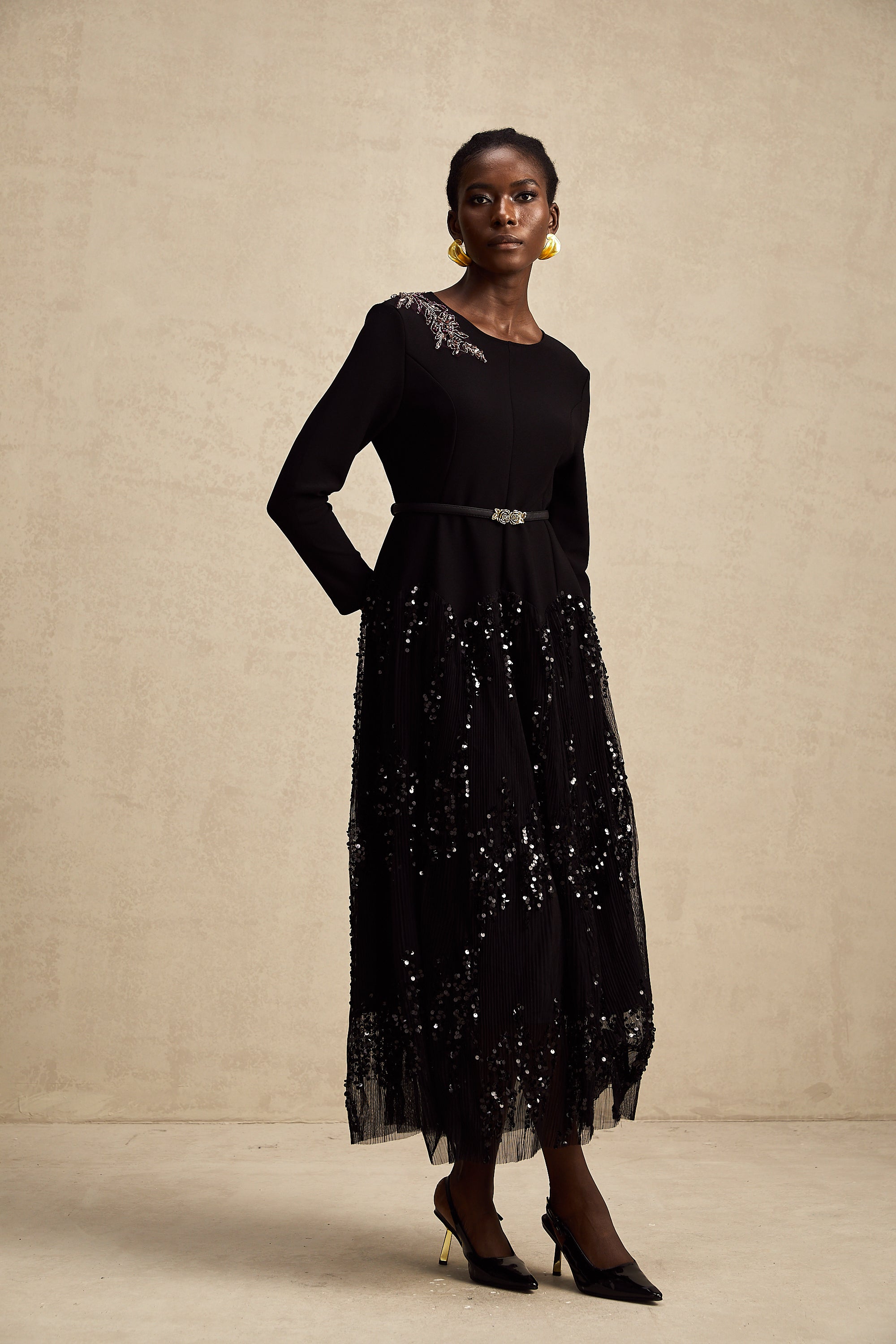 Carole black tulle-panel studded midi dress