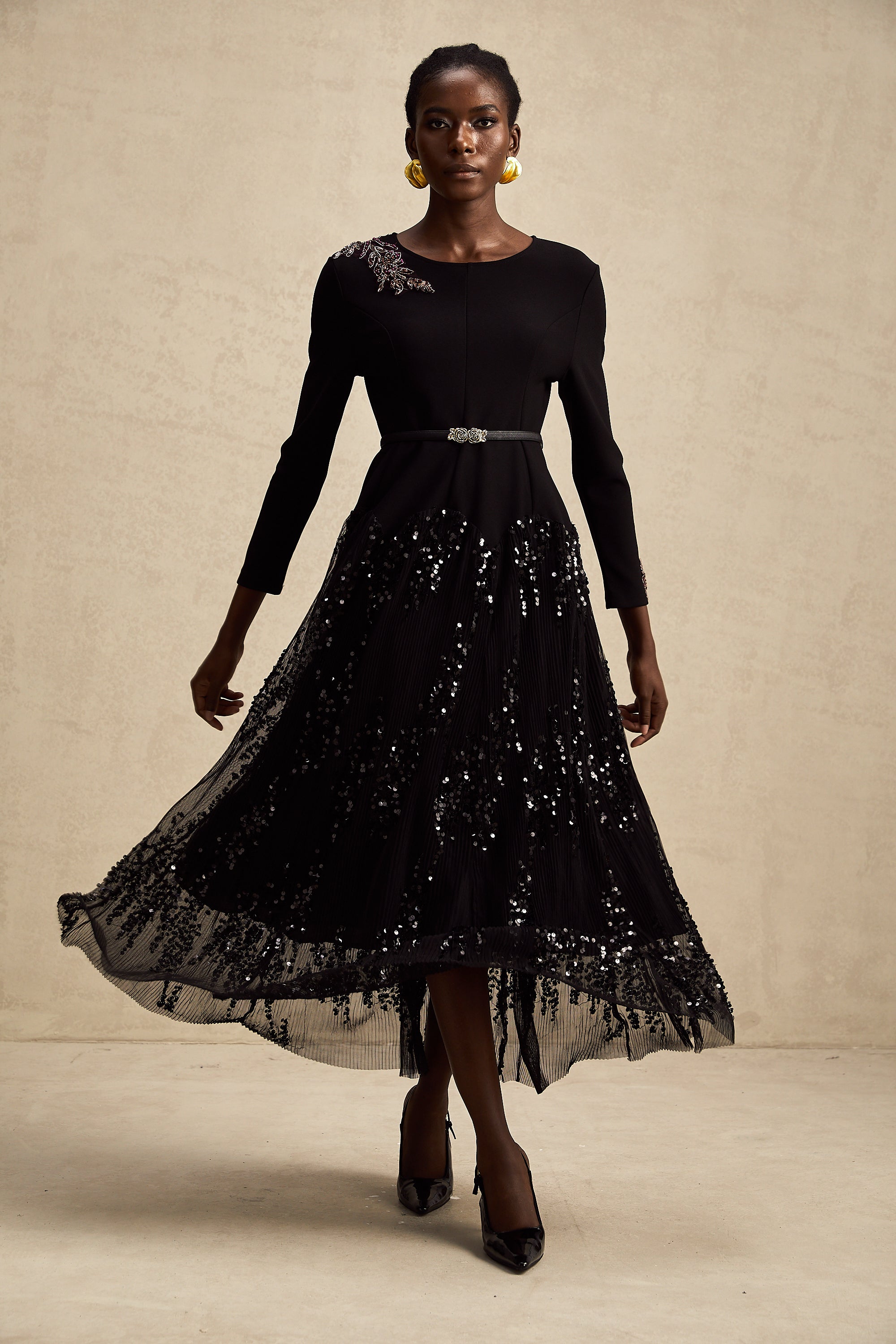 Carole black tulle-panel studded midi dress