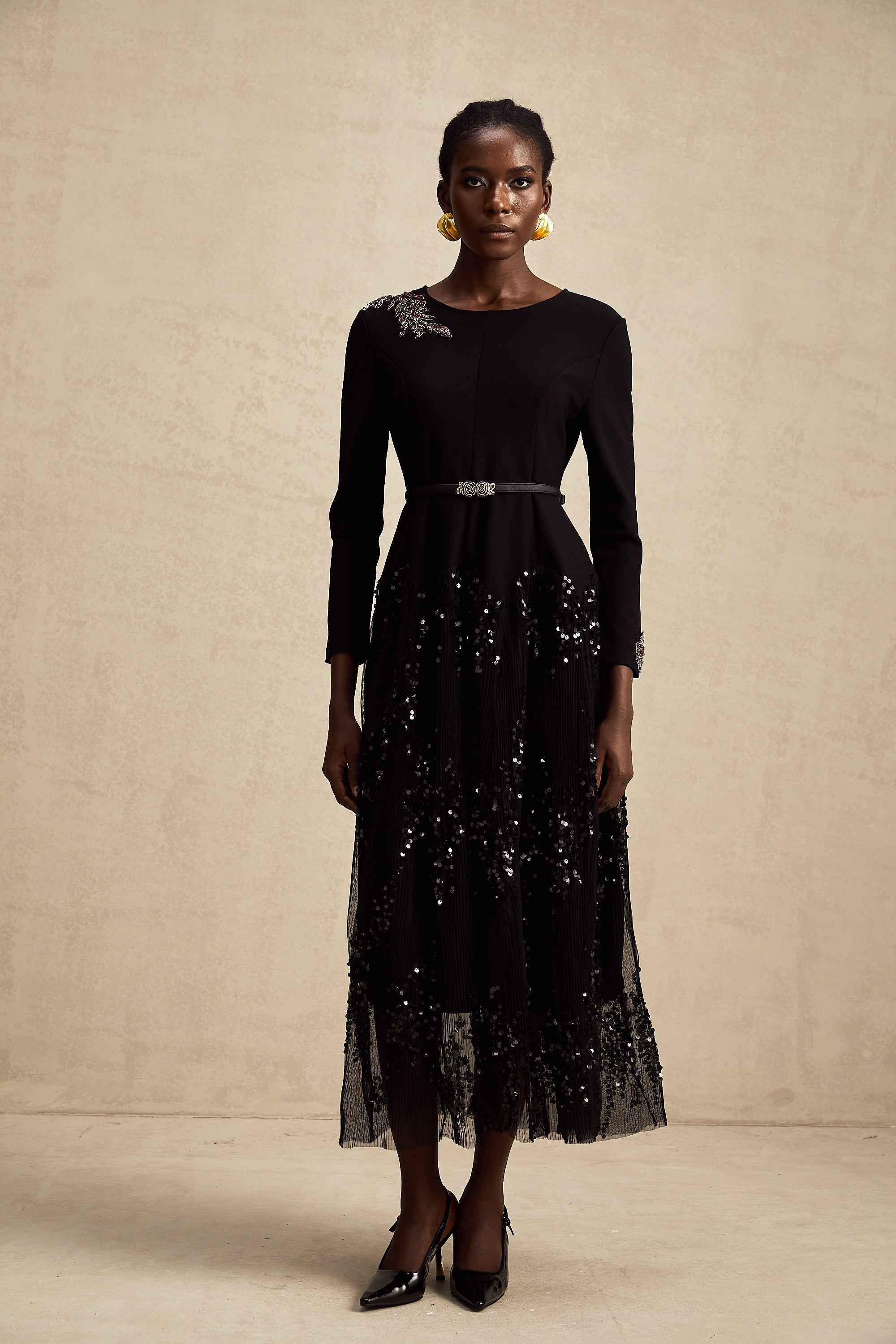 Carole black tulle-panel studded midi dress