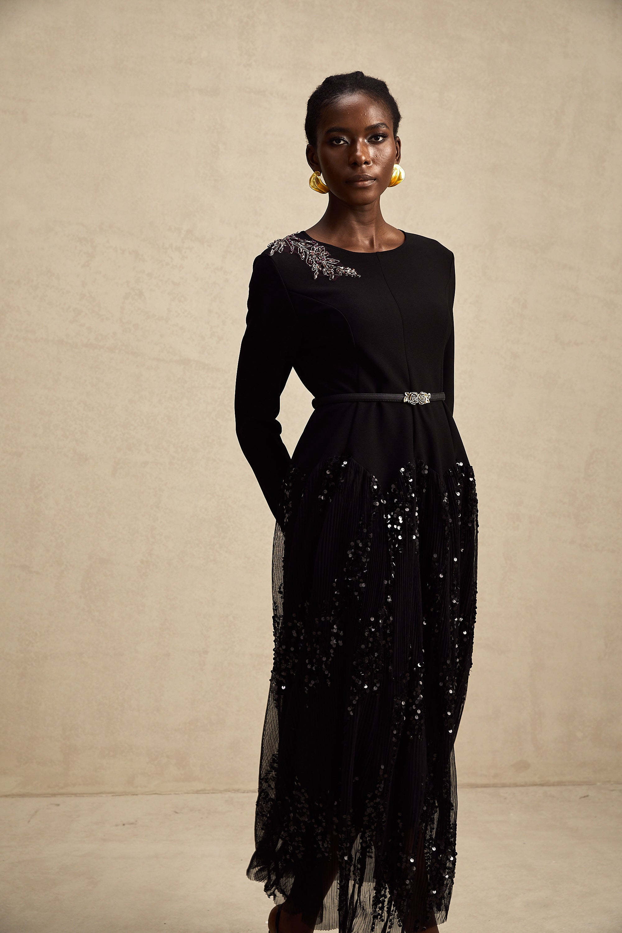 Carole black tulle-panel studded midi dress