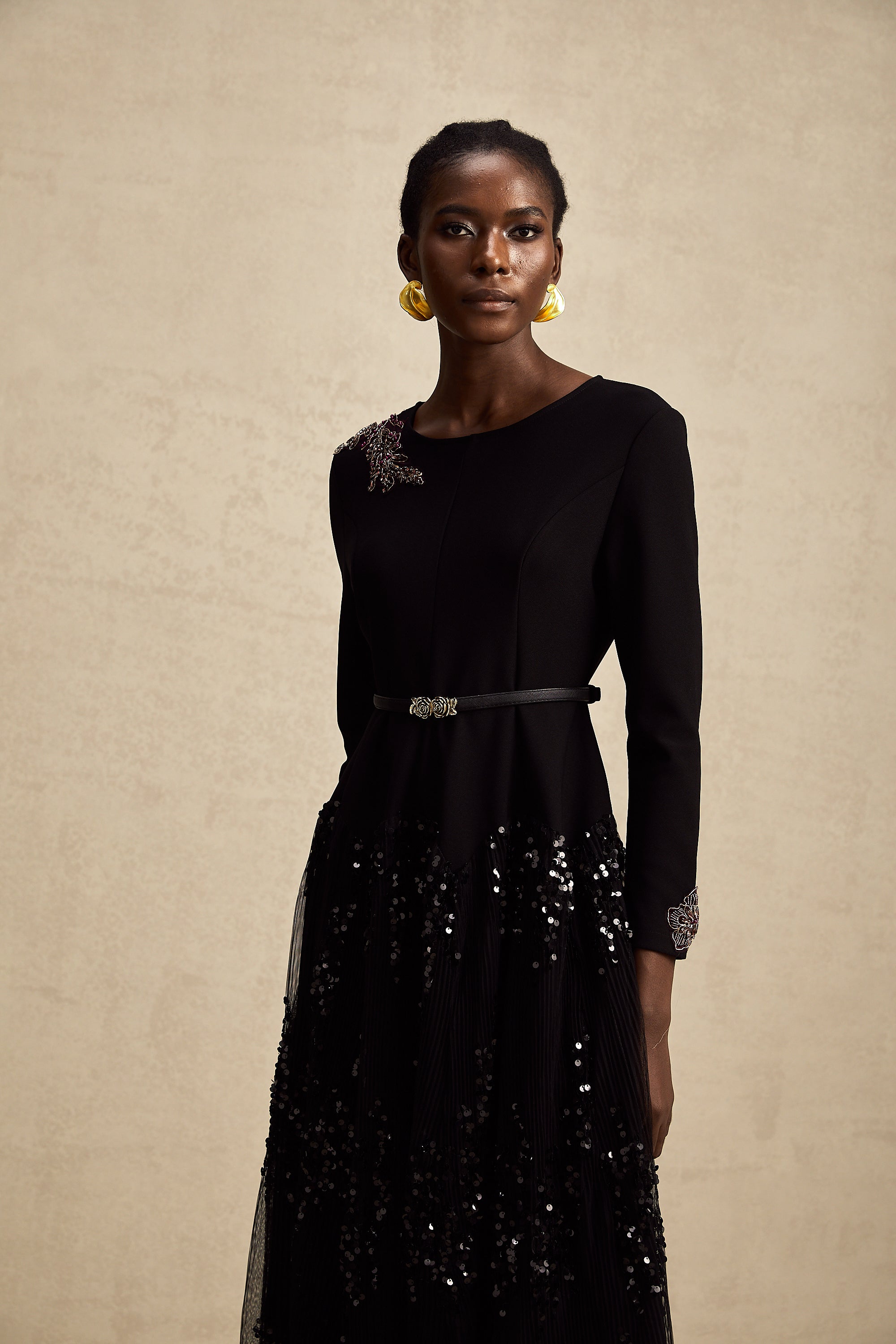 Carole black tulle-panel studded midi dress