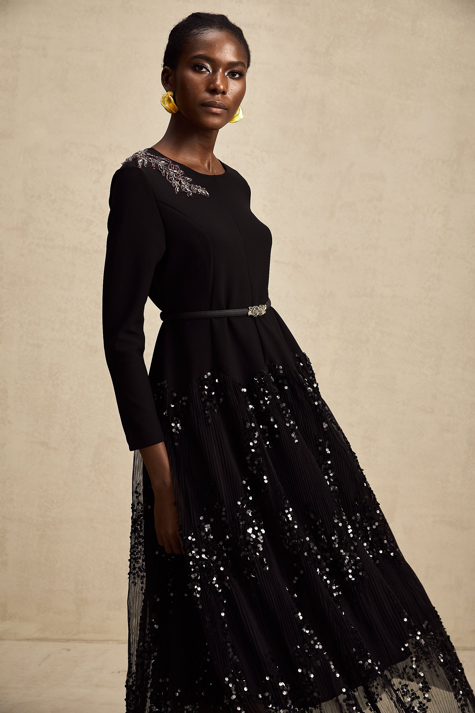 Carole black tulle-panel studded midi dress