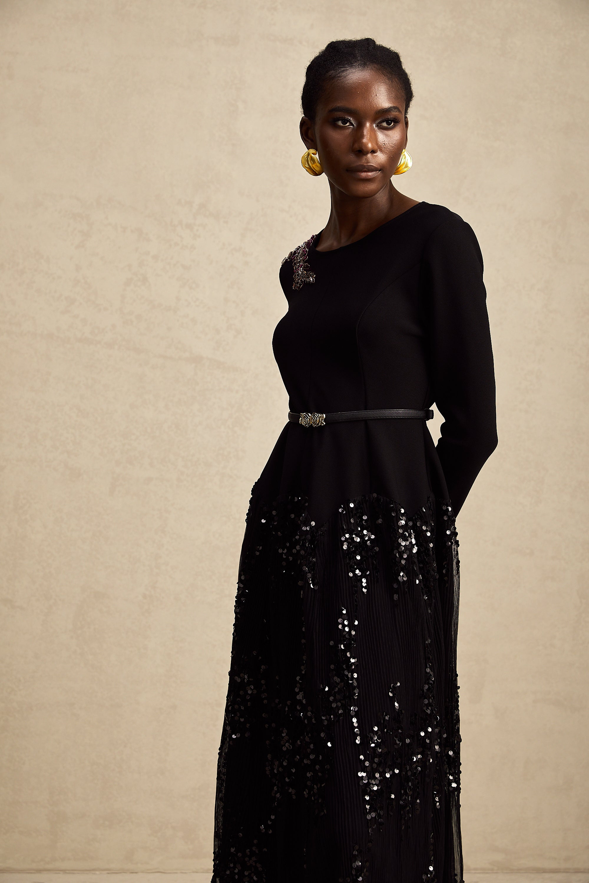 Carole black tulle-panel studded midi dress