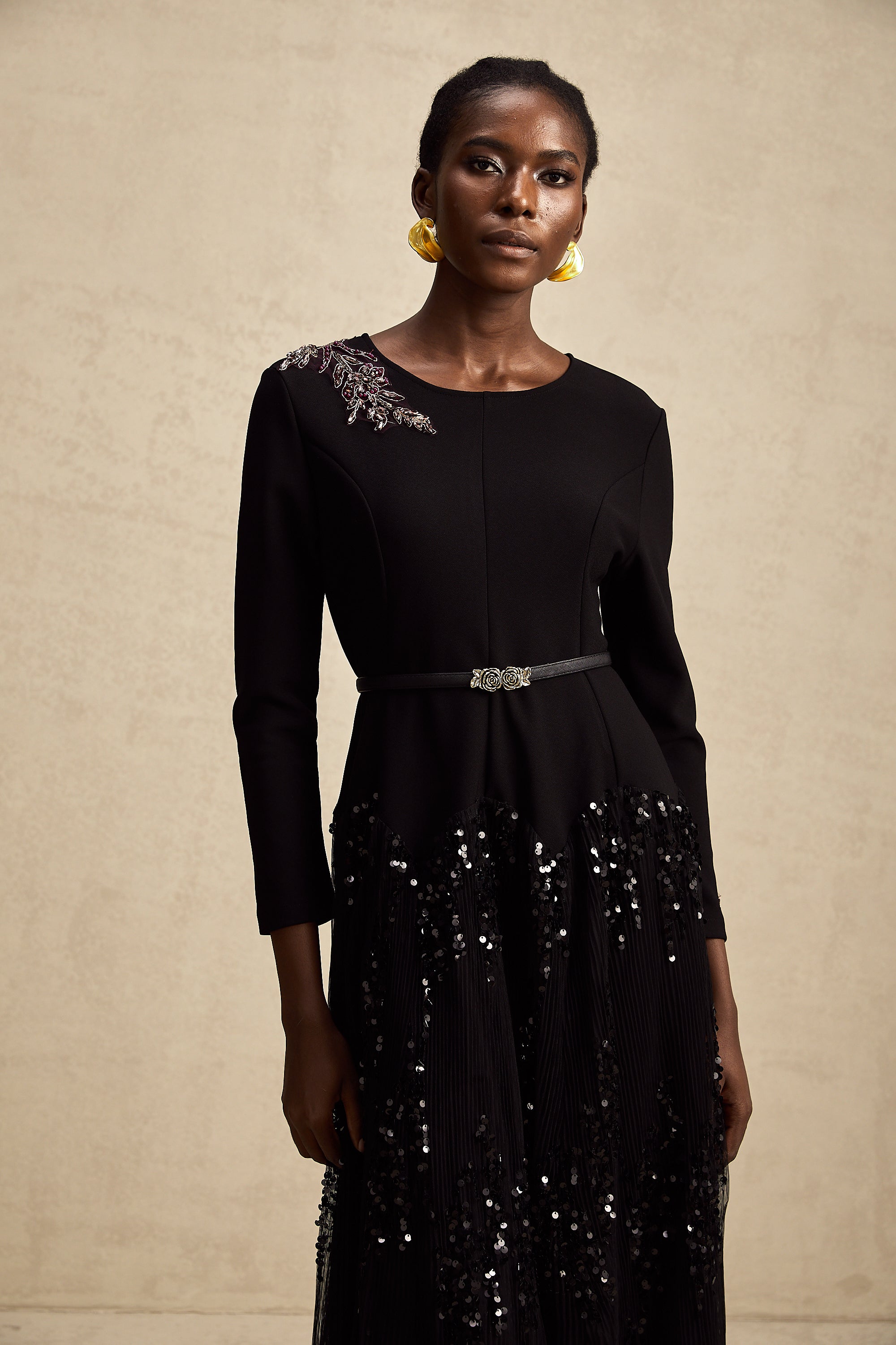 Carole black tulle-panel studded midi dress