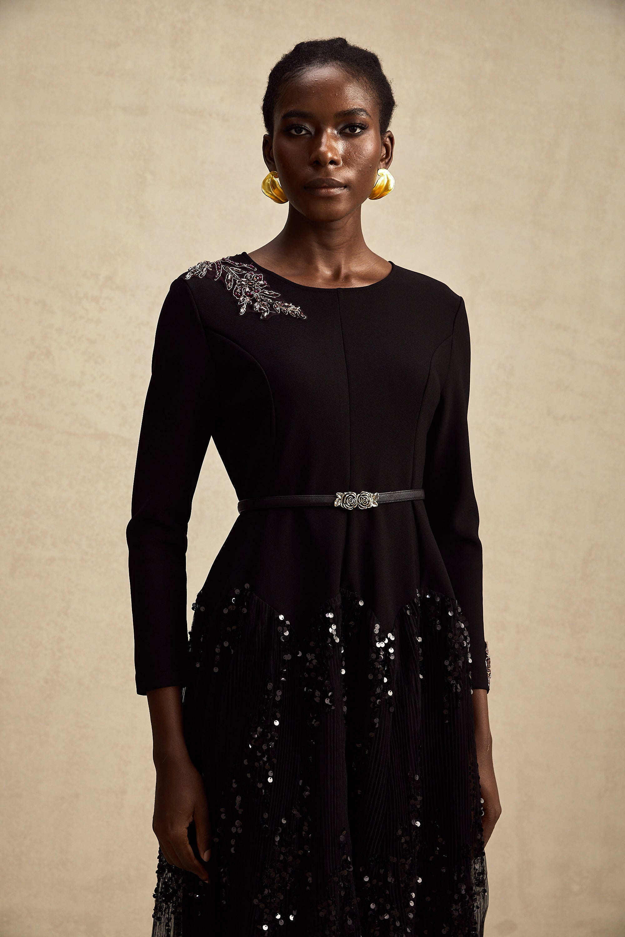 Carole black tulle-panel studded midi dress