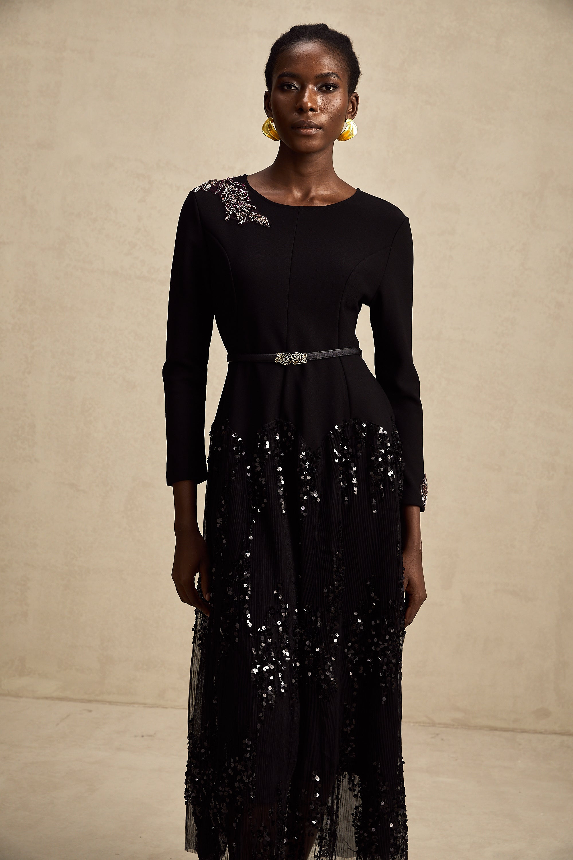 Carole black tulle-panel studded midi dress