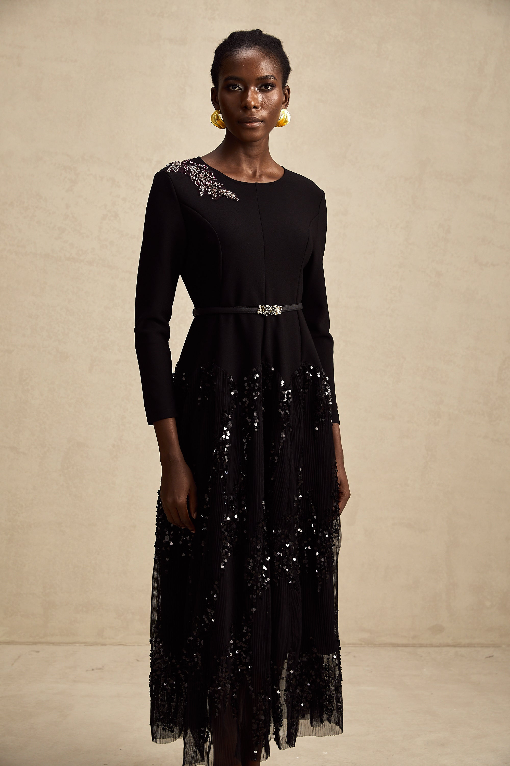 Carole black tulle-panel studded midi dress