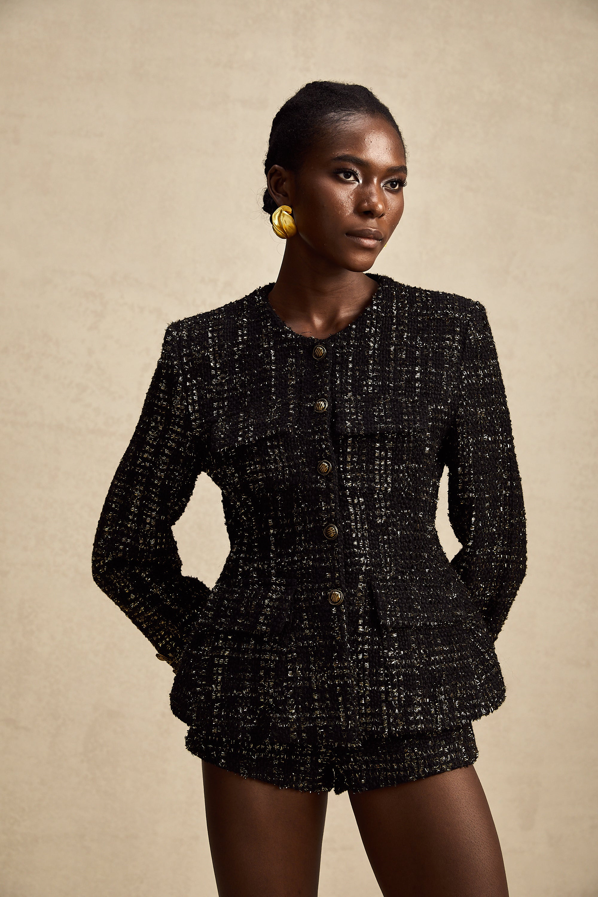 Claudine black metallic tweed jacket & shorts matching set