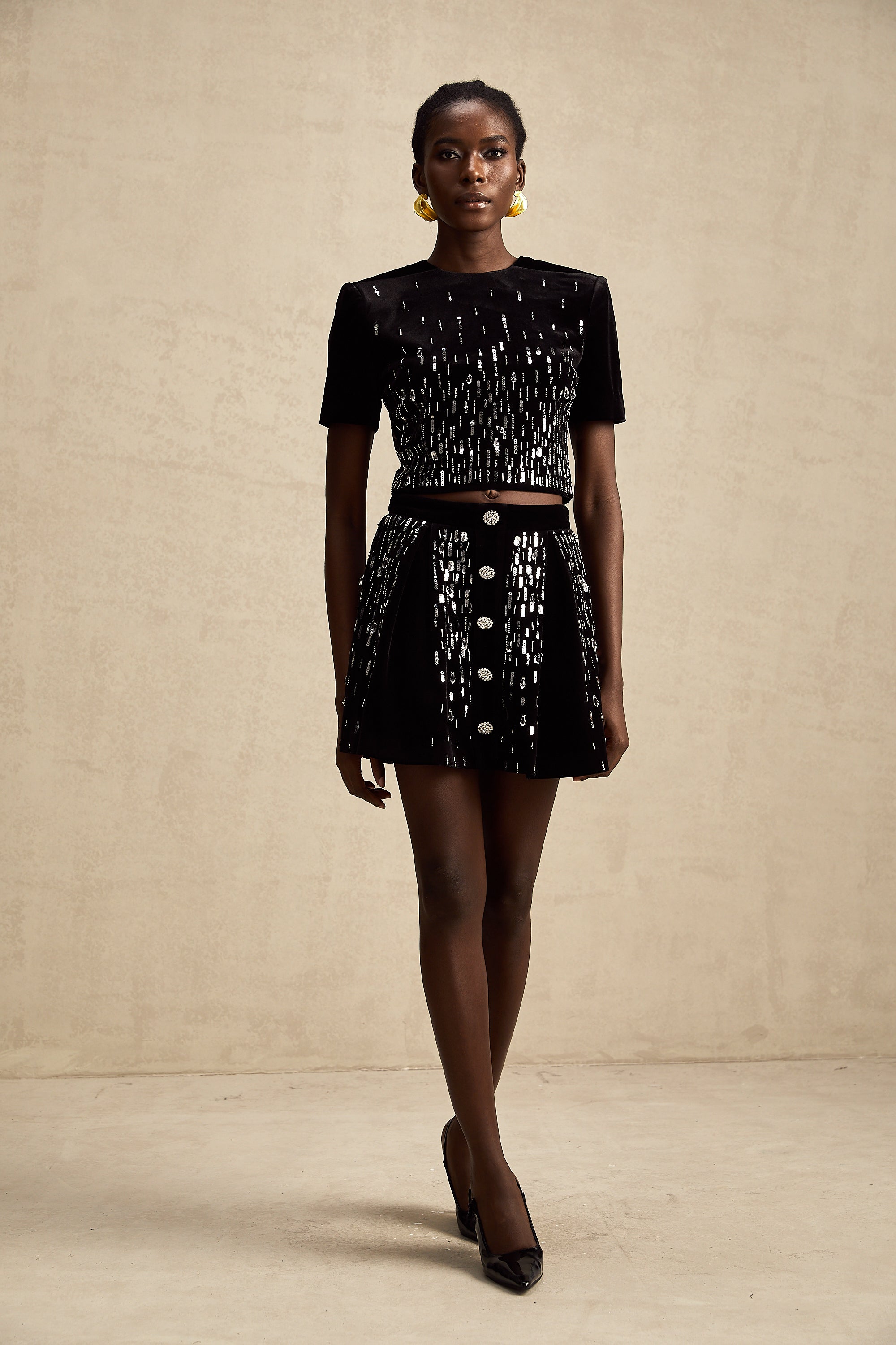 Isabeau black velvet embellished top & skirt matching set