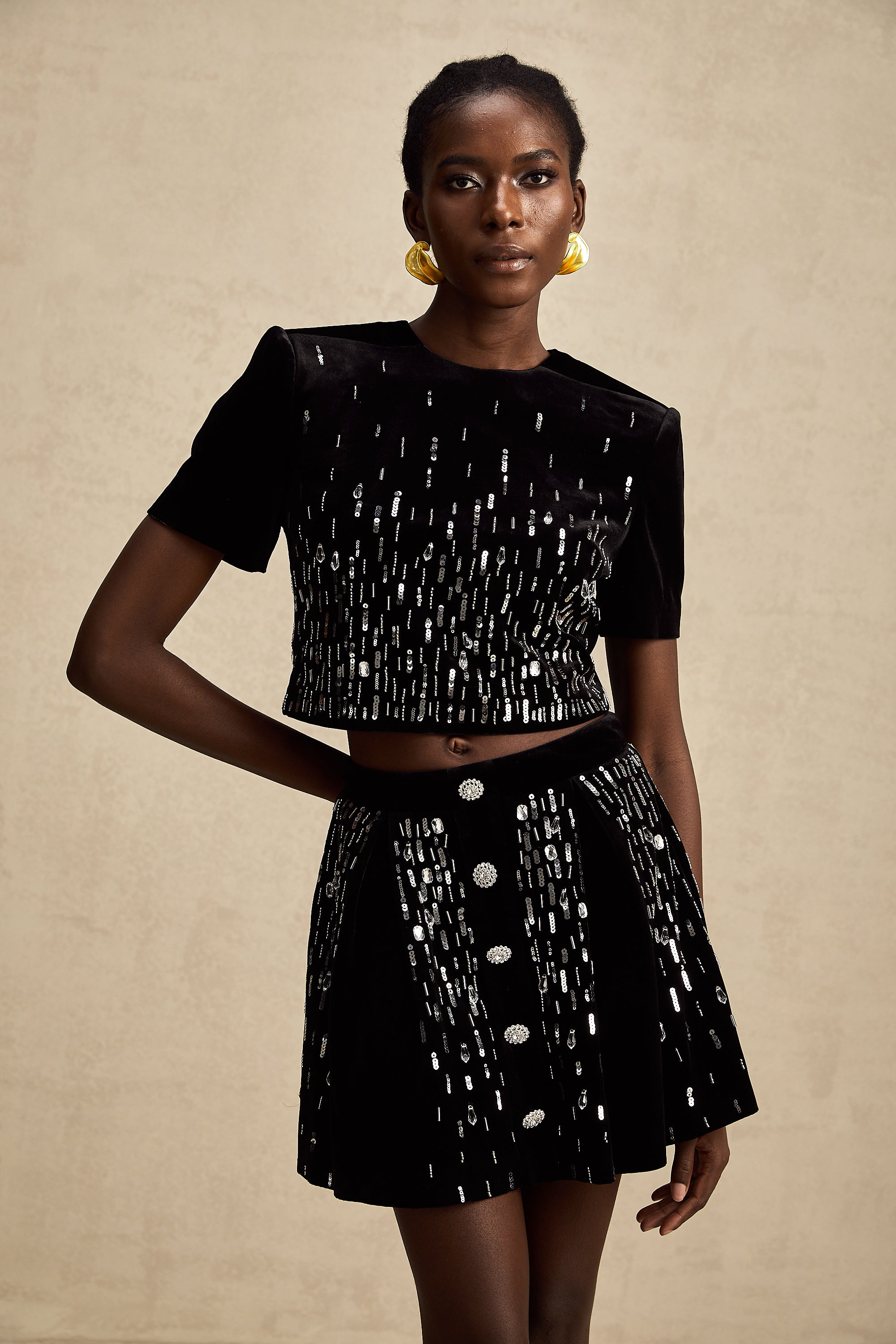 Isabeau black velvet embellished top & skirt matching set