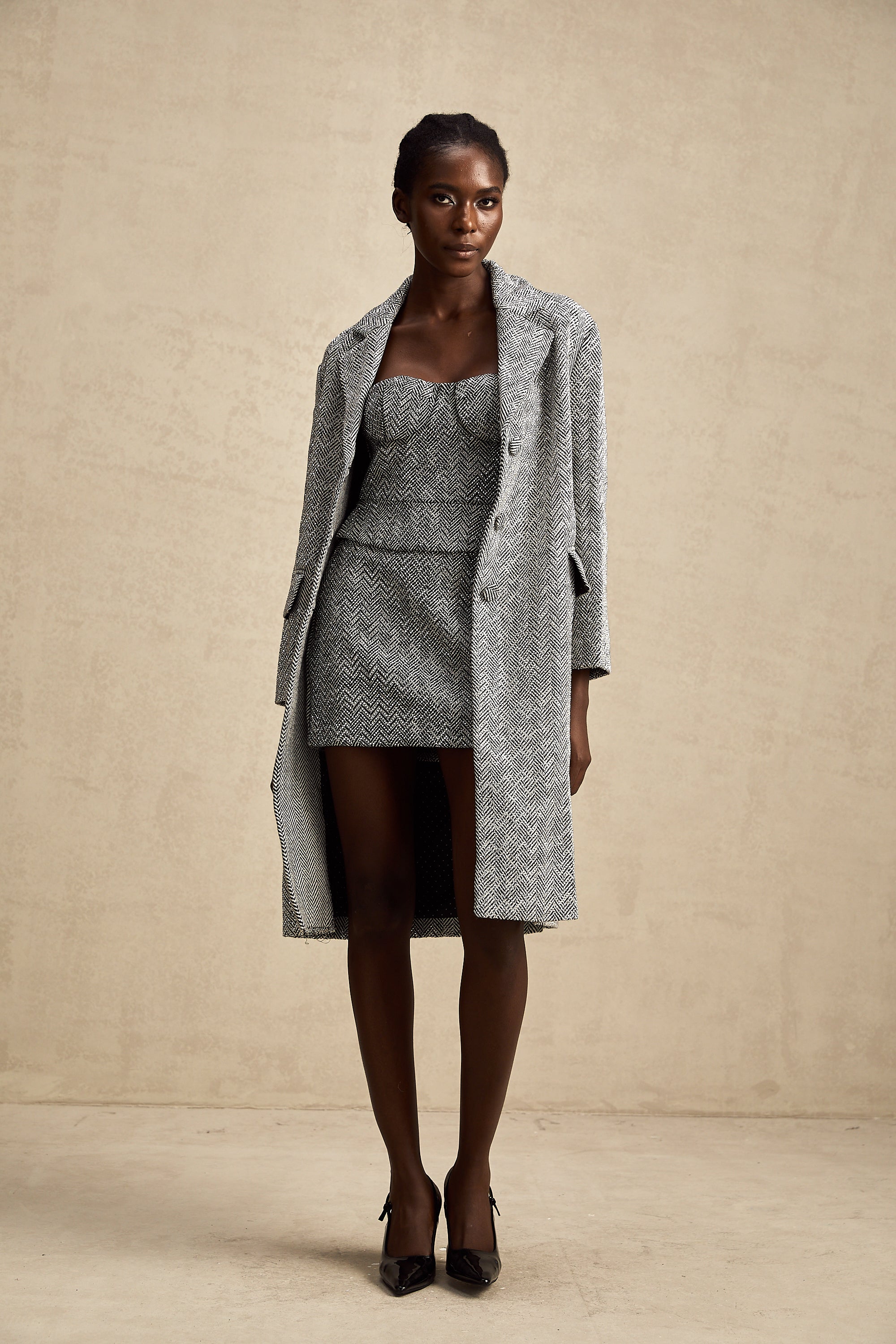 Chantal grey herringbone long coat