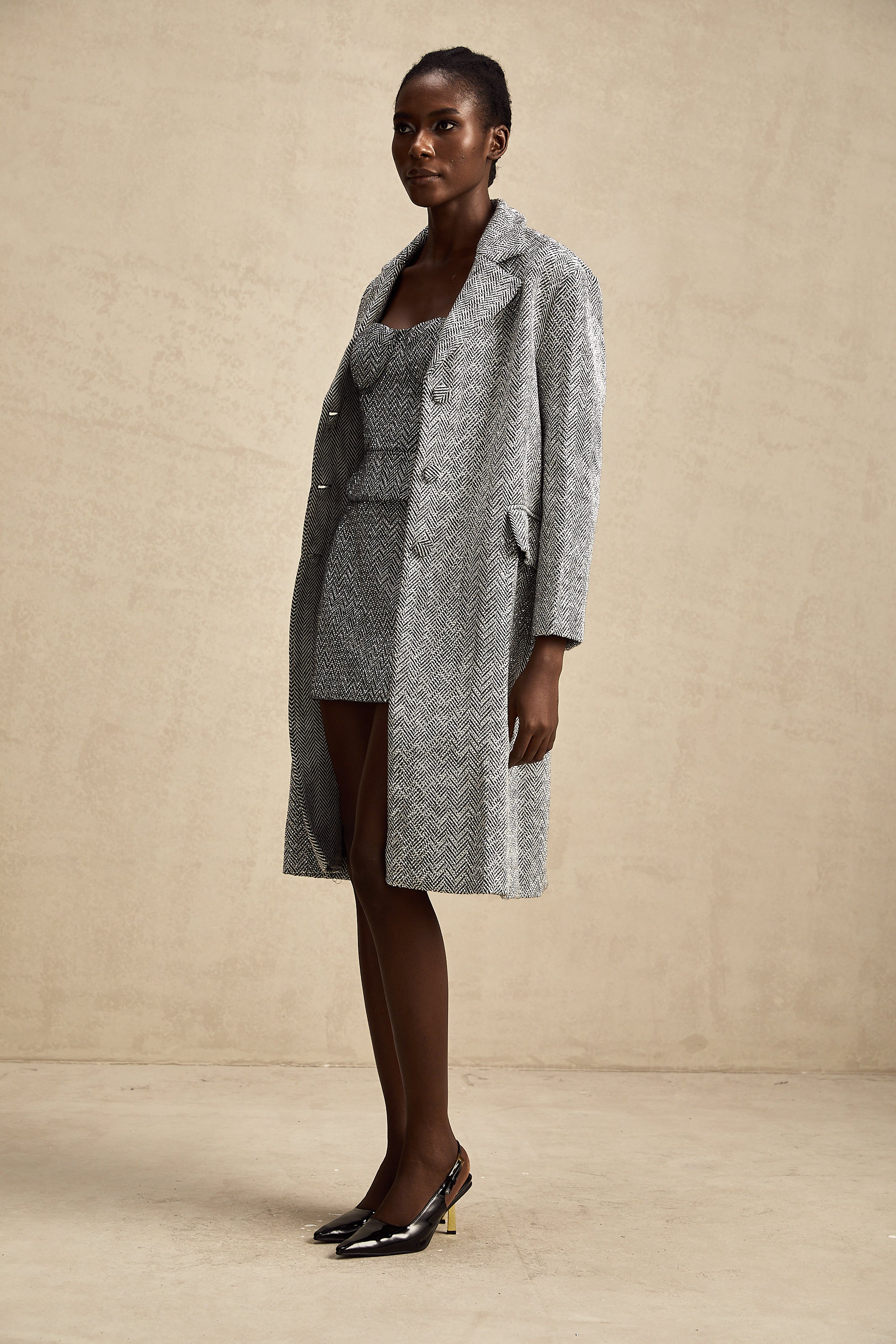 Chantal grey herringbone long coat