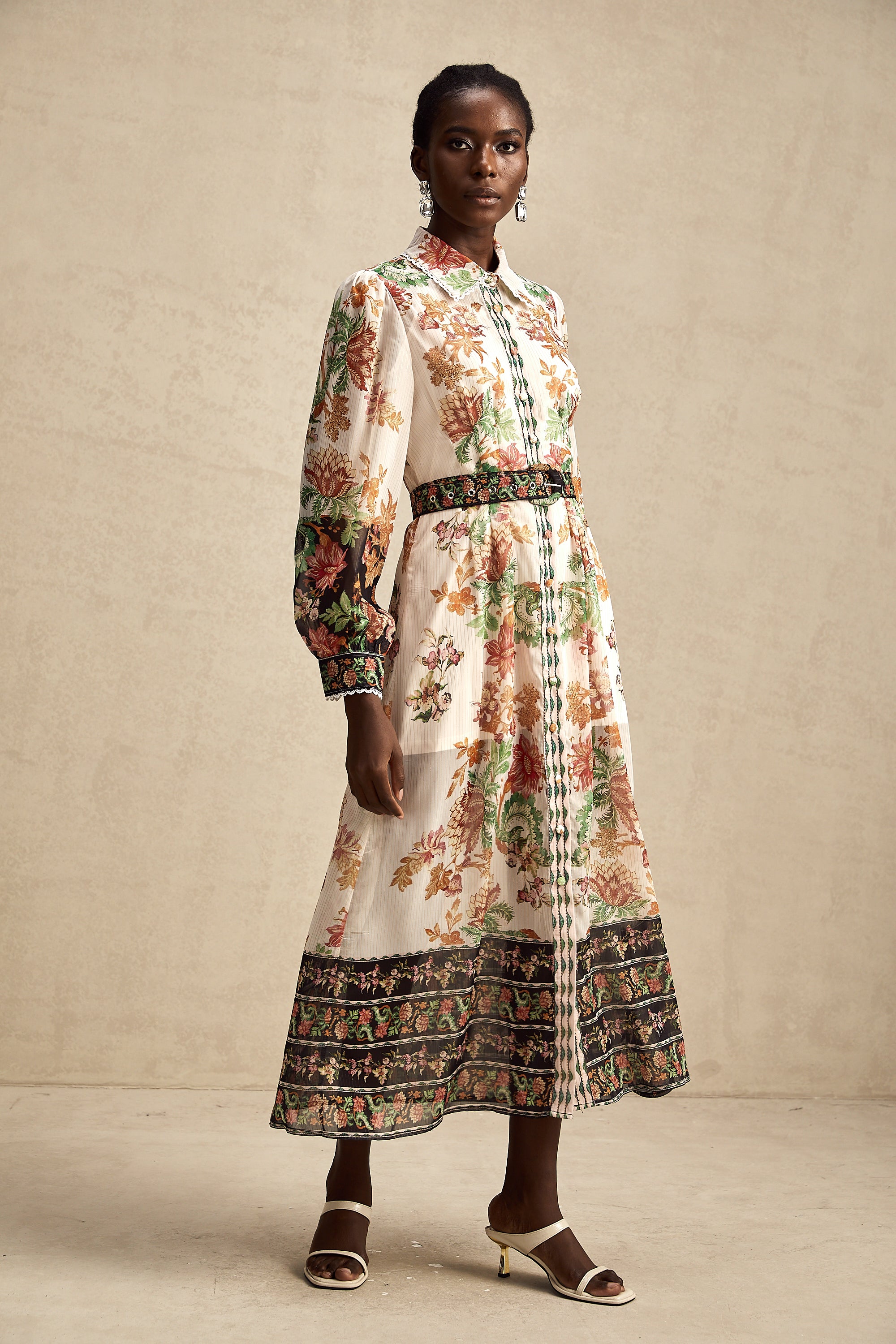 Fanny floral-print belted chiffon midi dress