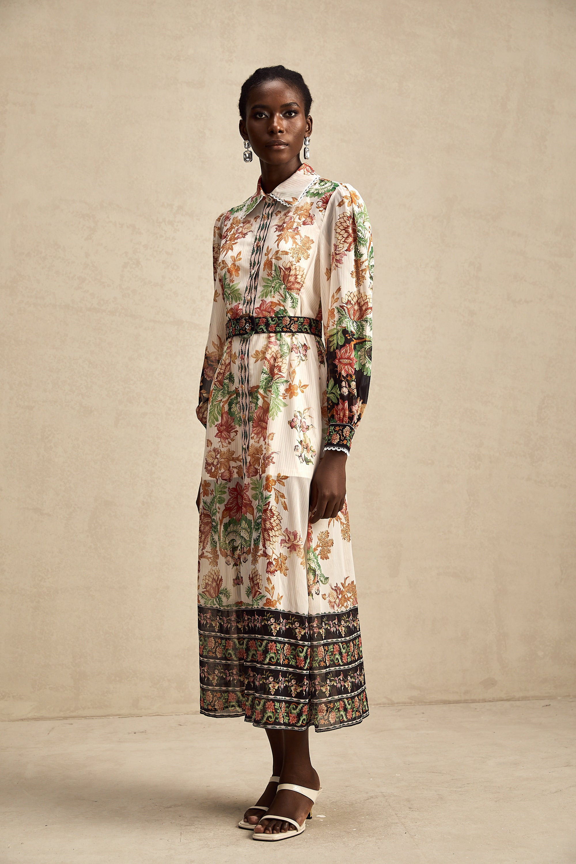 Fanny floral-print belted chiffon midi dress