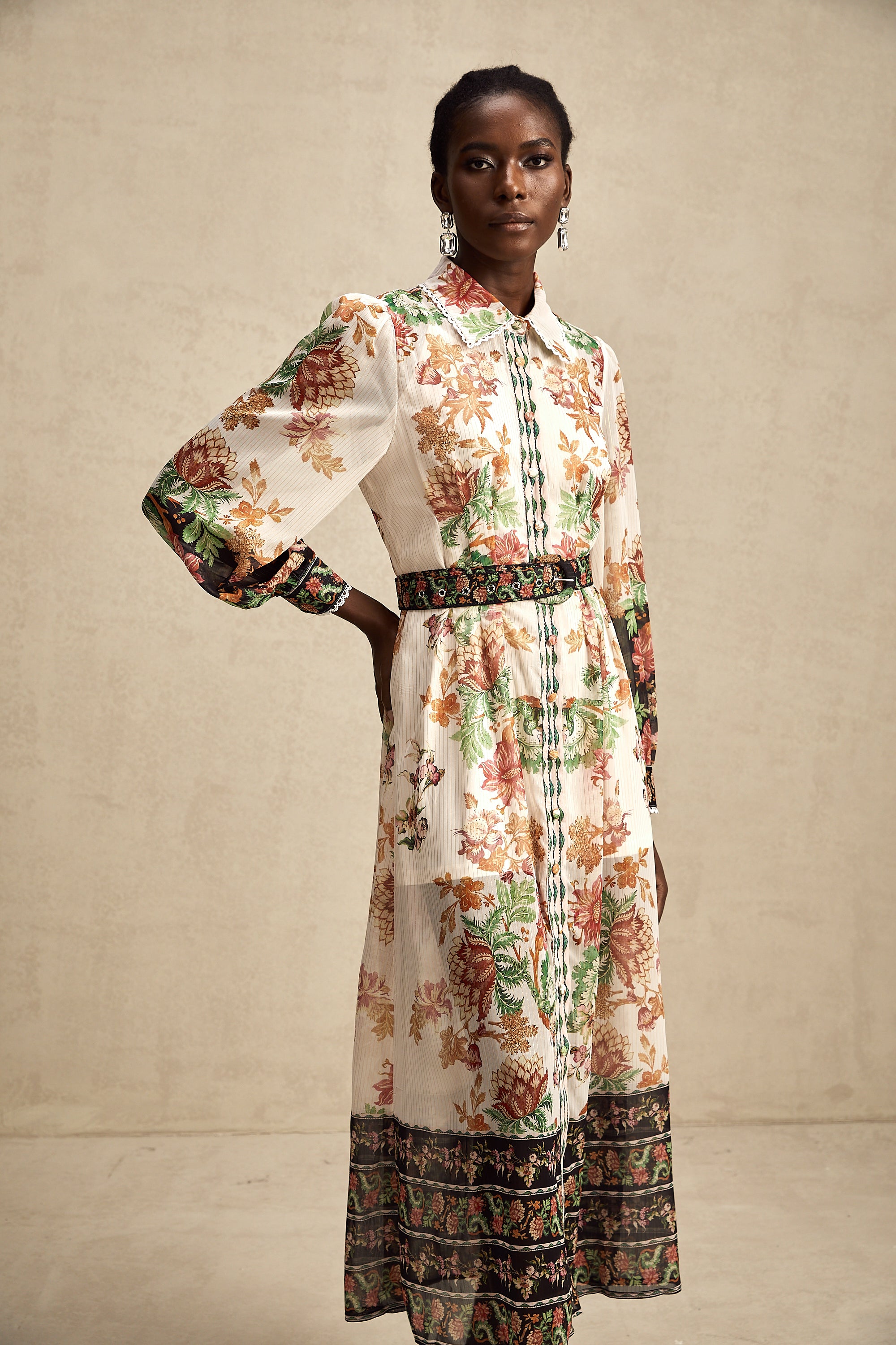 Fanny floral-print belted chiffon midi dress