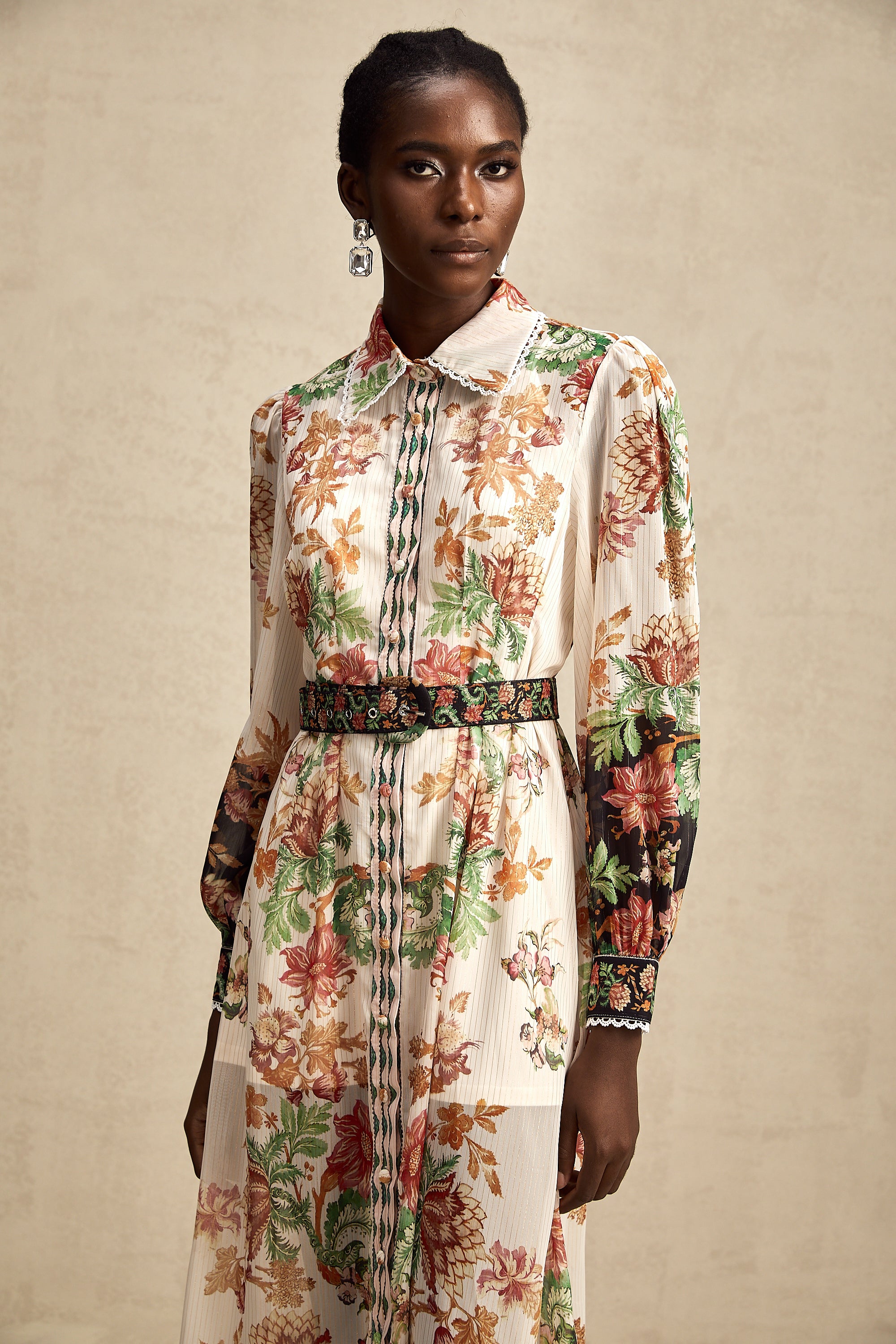 Fanny floral-print belted chiffon midi dress