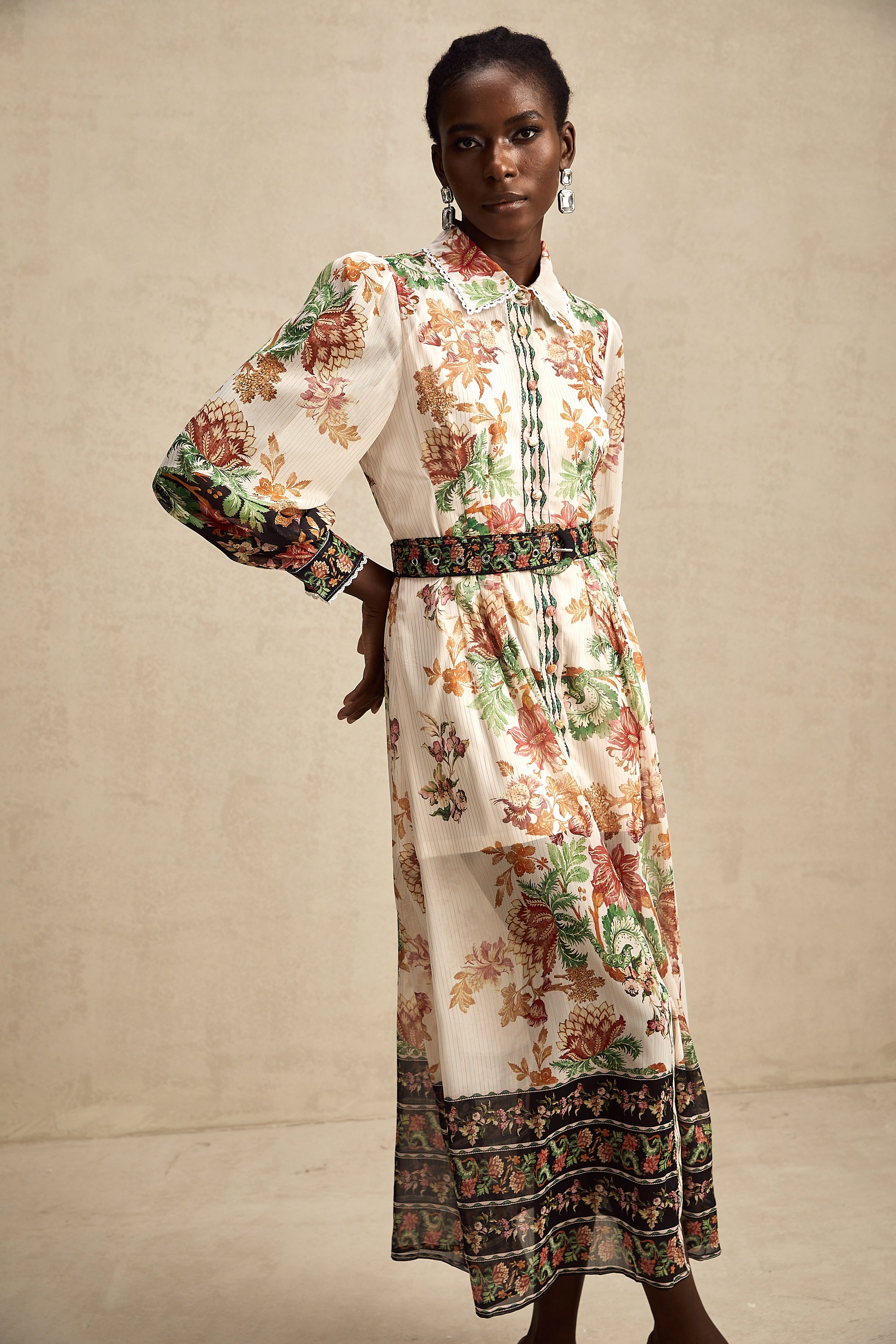 Fanny floral-print belted chiffon midi dress