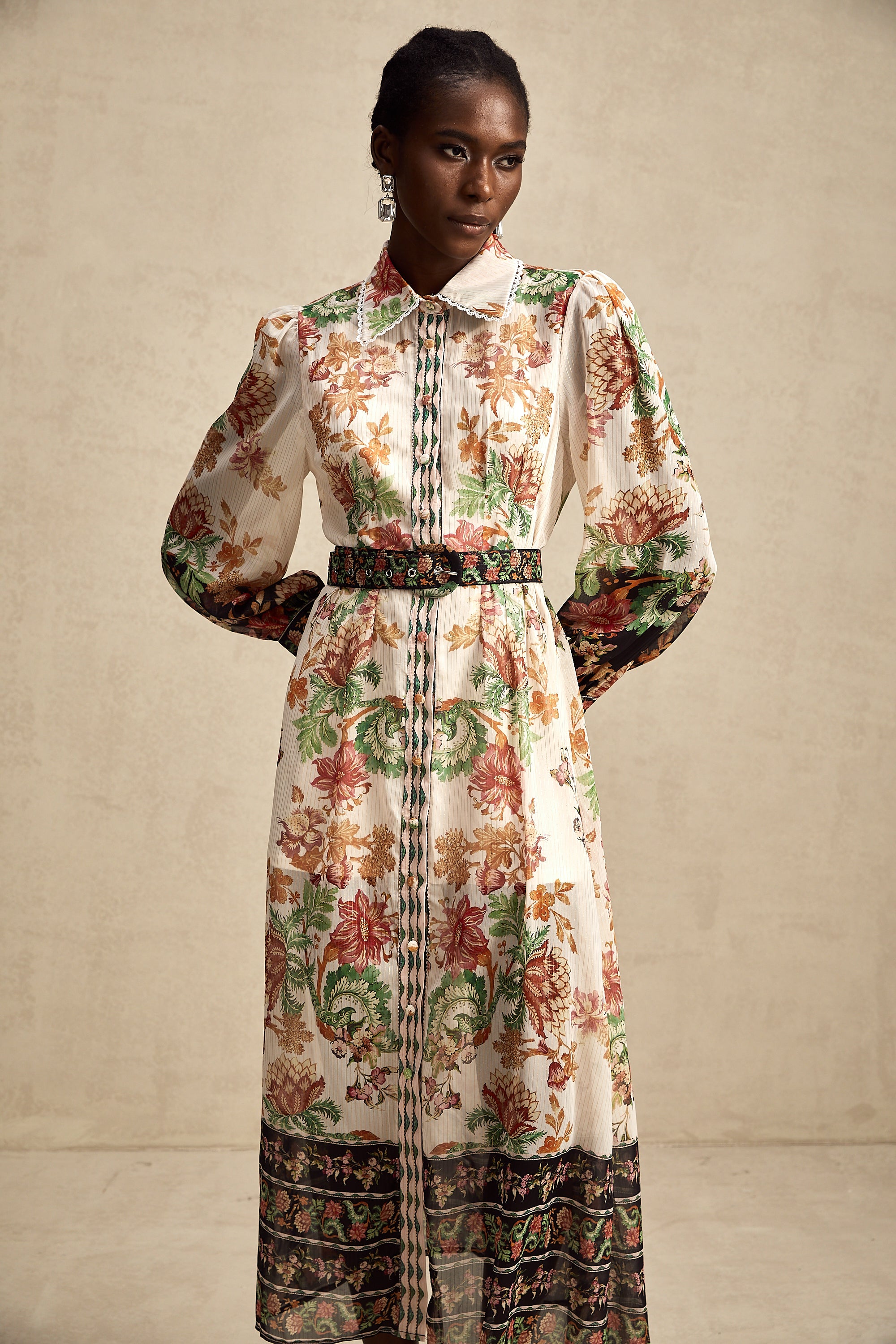 Fanny floral-print belted chiffon midi dress