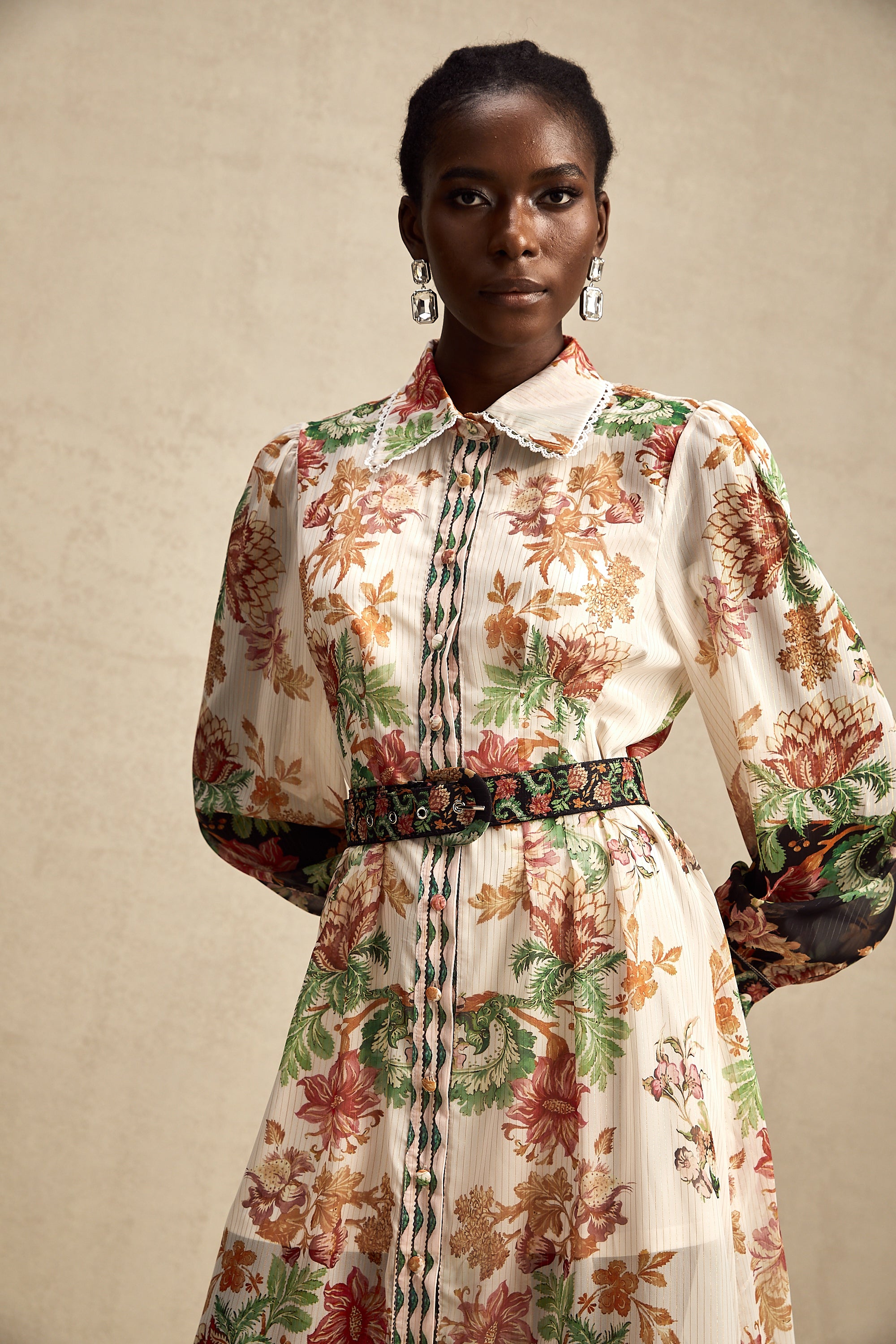 Fanny floral-print belted chiffon midi dress