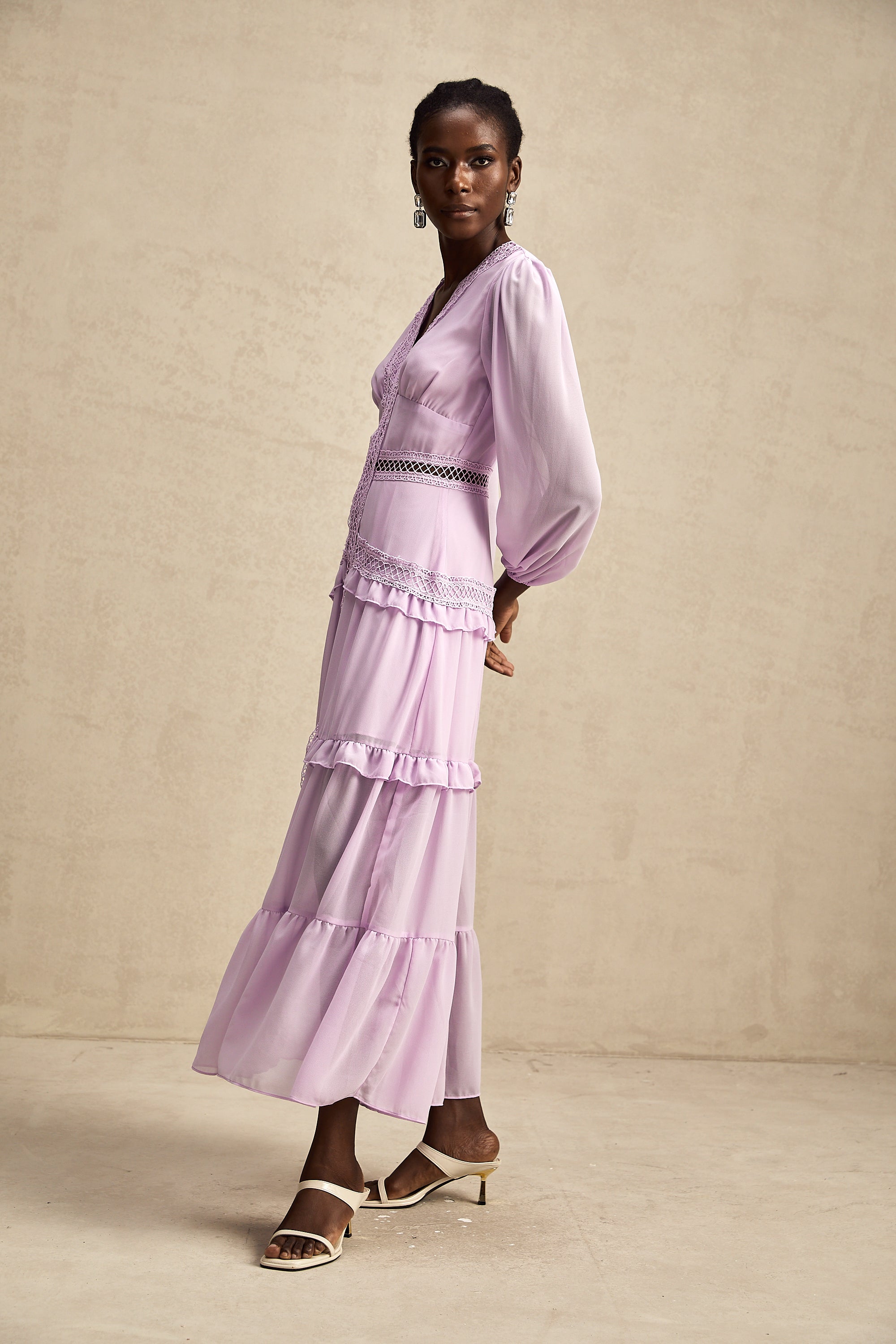 Juno cut-out ruffled midi dress in Purple