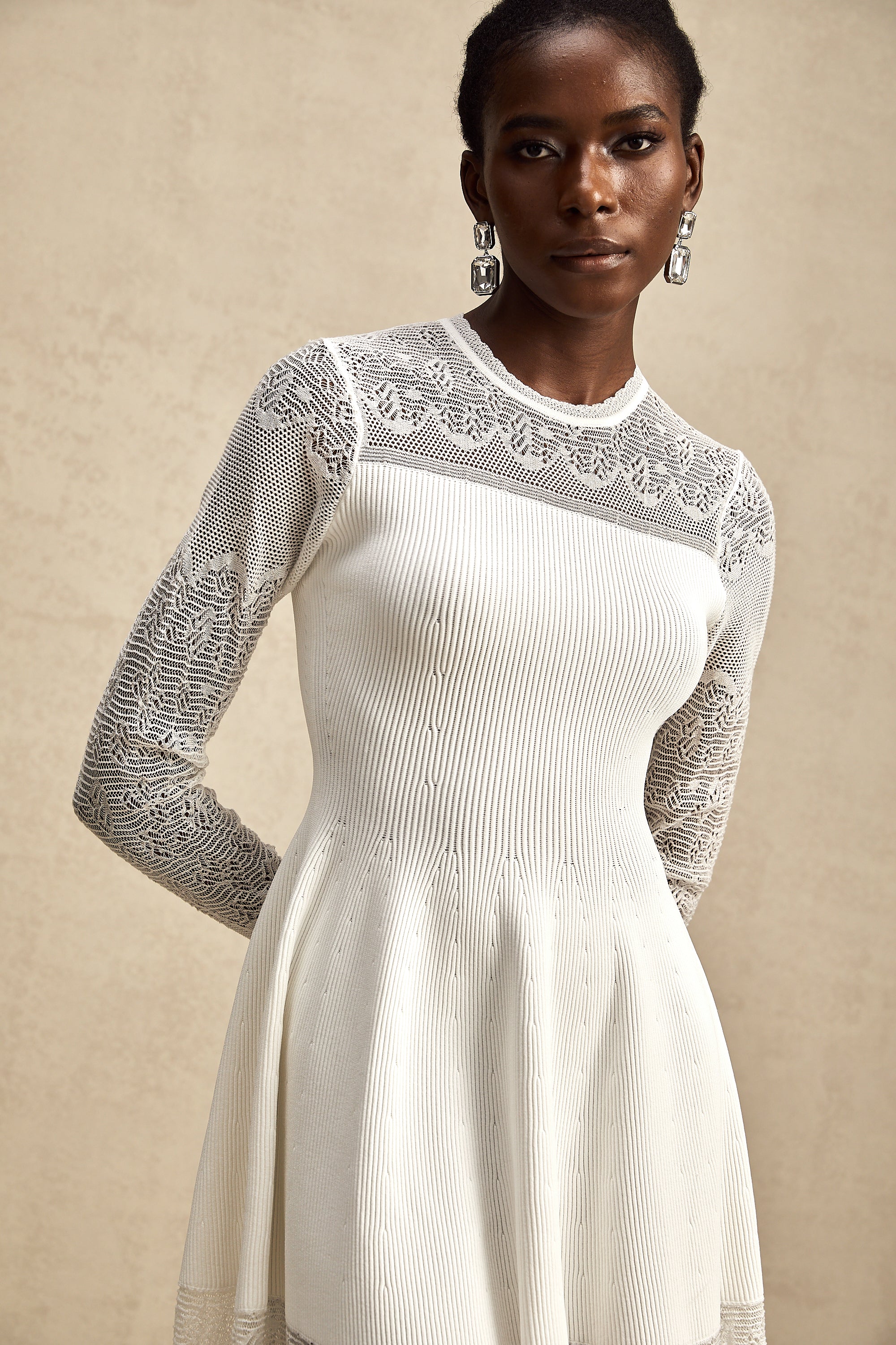 Anastasie white pointelle-panel knitted mini dress