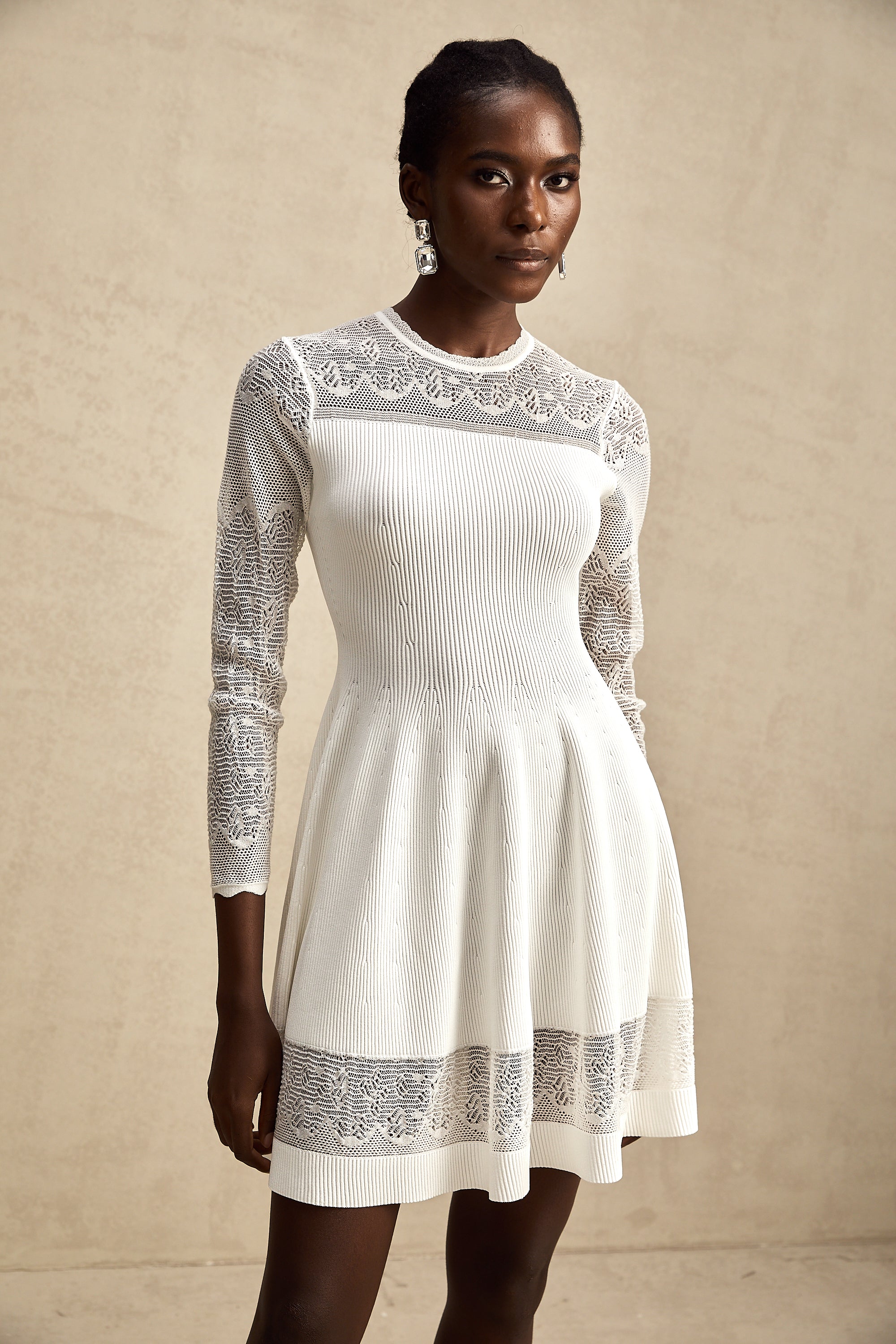 Anastasie white pointelle-panel knitted mini dress