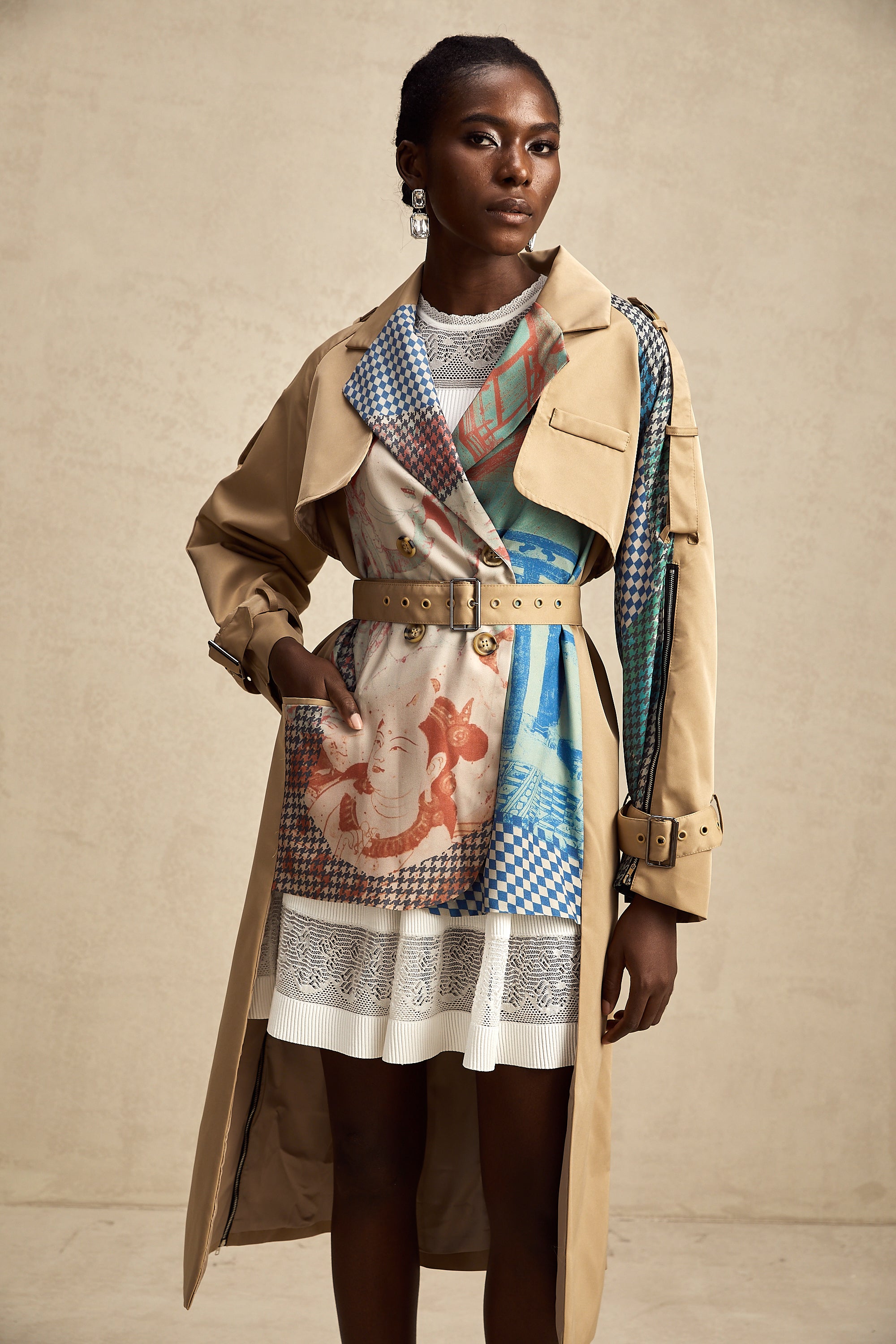 Joséphine contrast-color printed belted trench coat