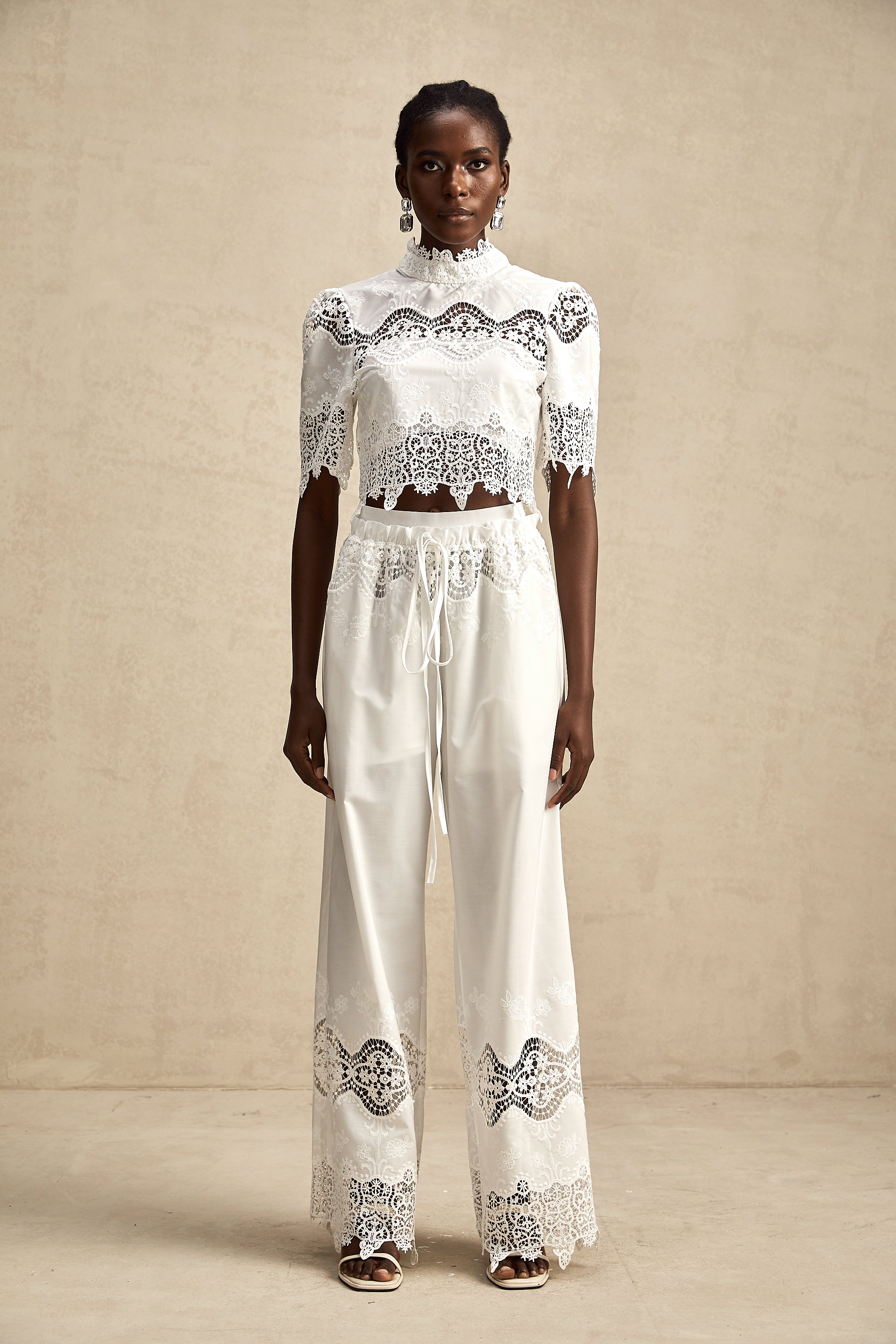 Raphaëlle lace-trim cut-out cropped top & trousers matching set