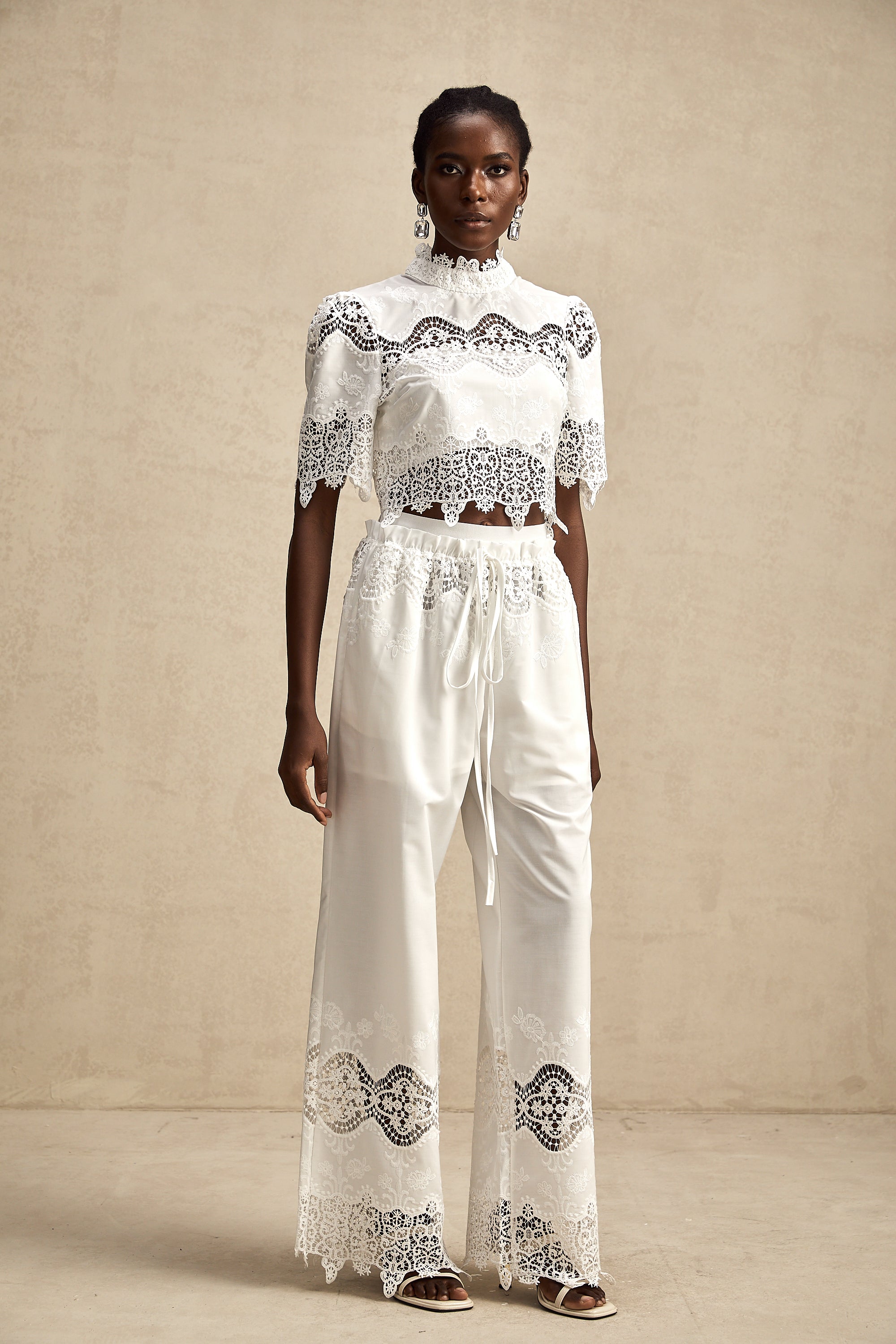 Raphaëlle lace-trim cut-out cropped top & trousers matching set