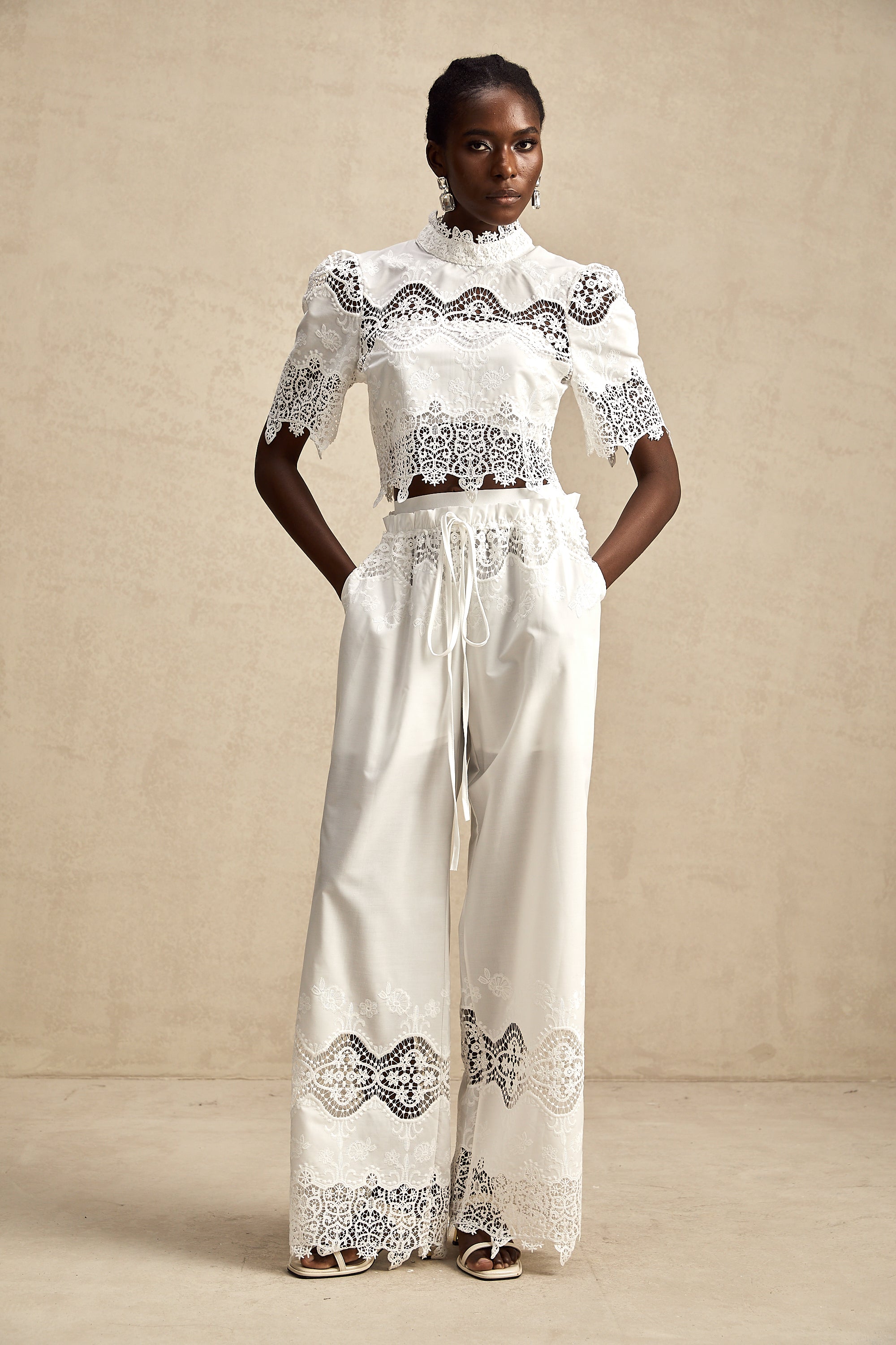 Raphaëlle lace-trim cut-out cropped top & trousers matching set