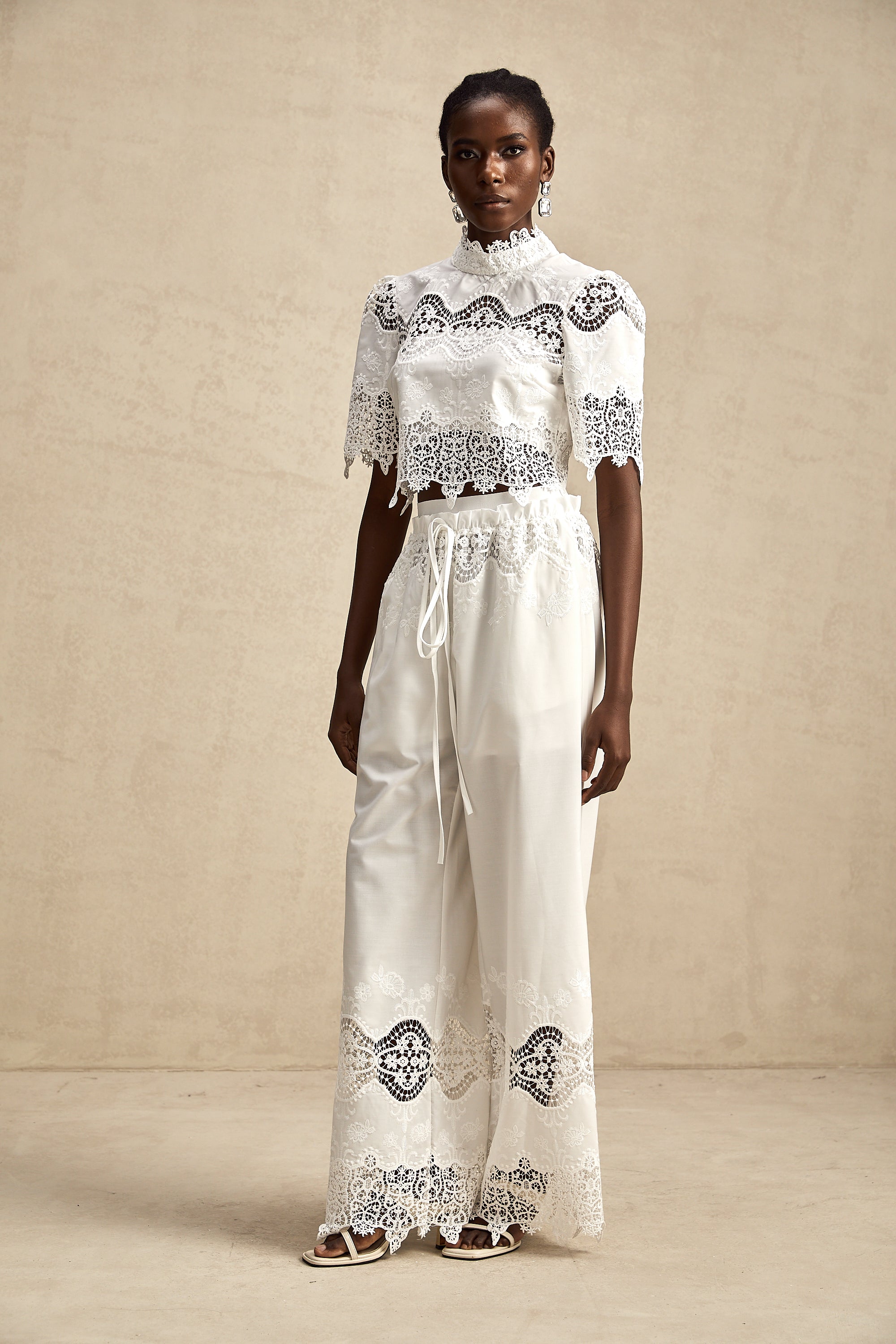 Raphaëlle lace-trim cut-out cropped top & trousers matching set