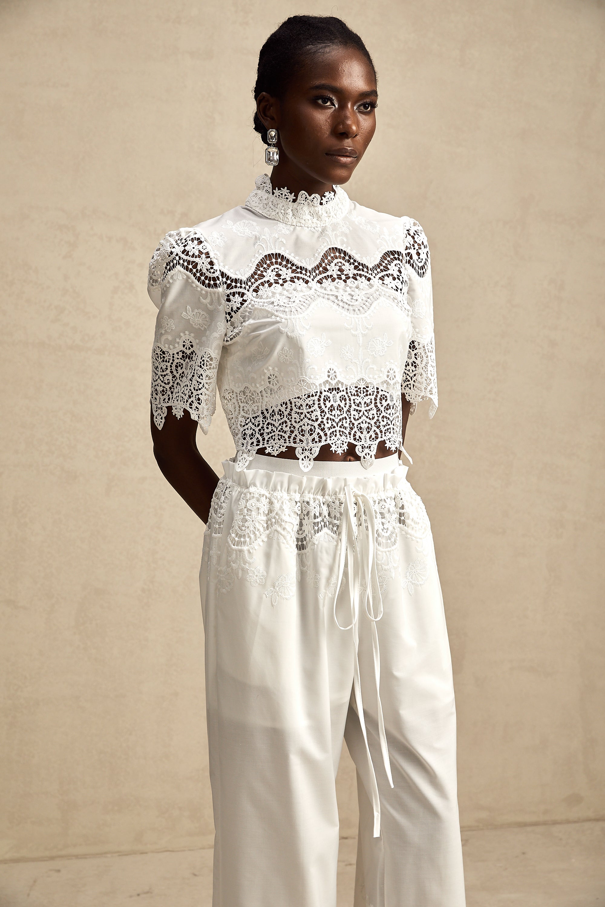 Raphaëlle lace-trim cut-out cropped top & trousers matching set