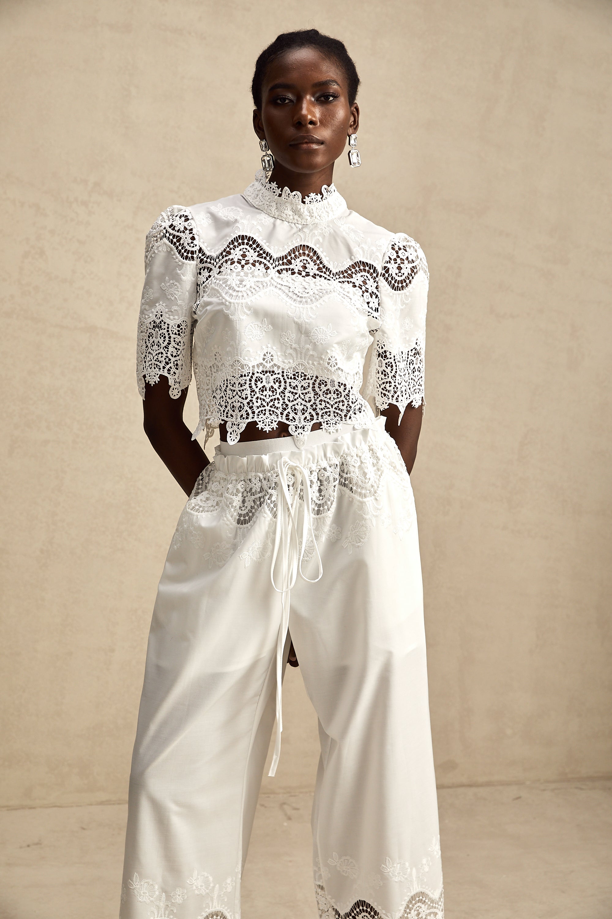 Raphaëlle lace-trim cut-out cropped top & trousers matching set