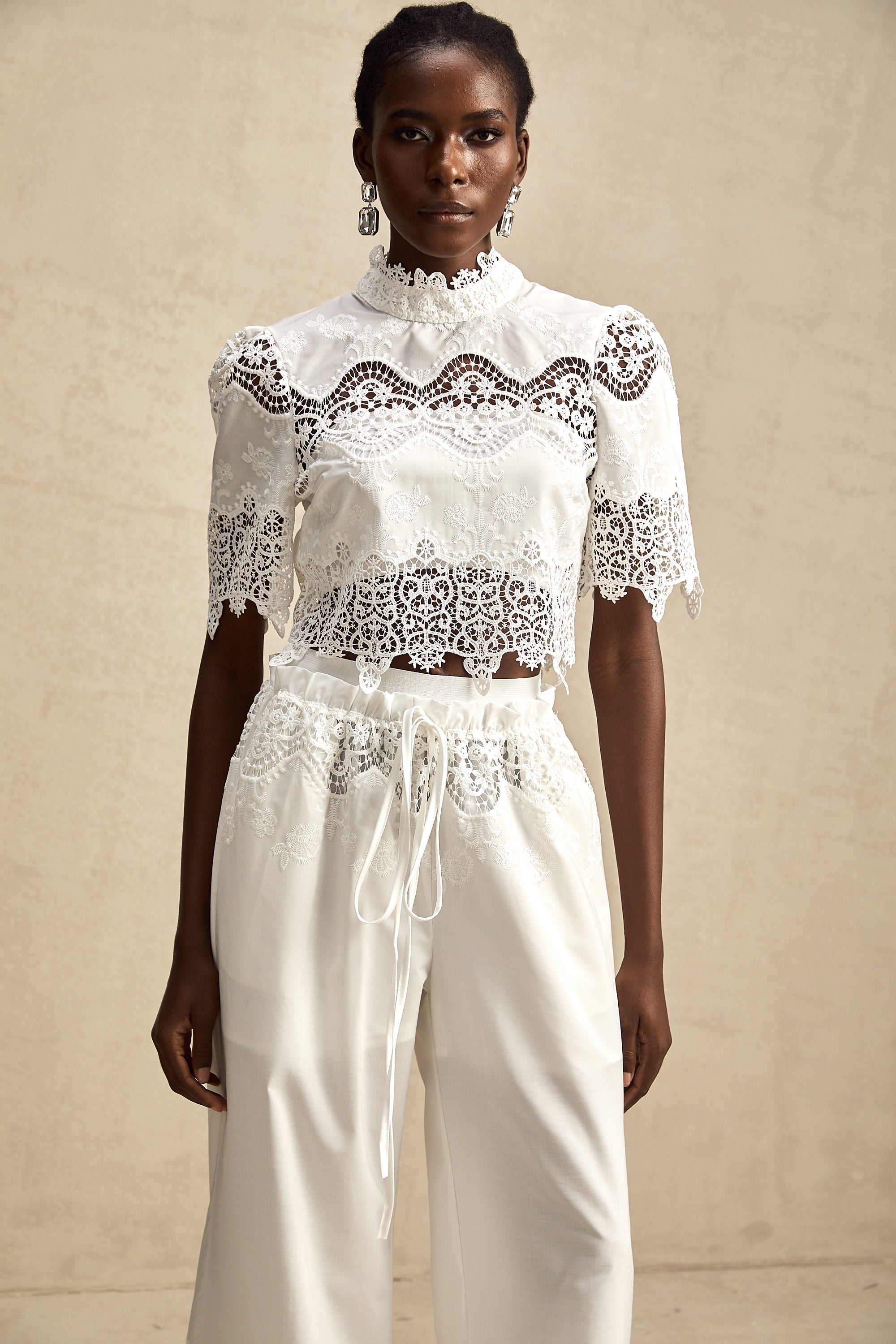 Raphaëlle lace-trim cut-out cropped top & trousers matching set