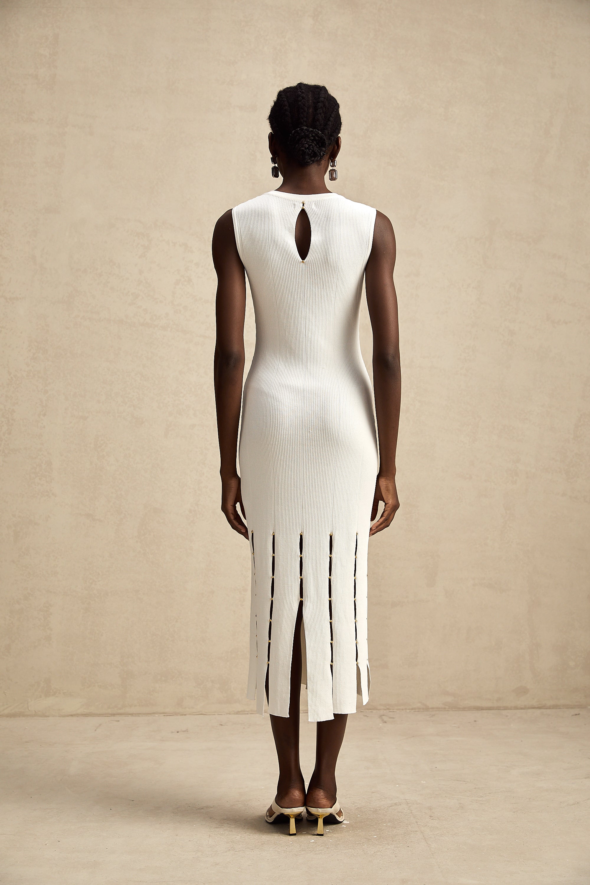 Hilaire white beaded sleeveless cut-out knit midi dress