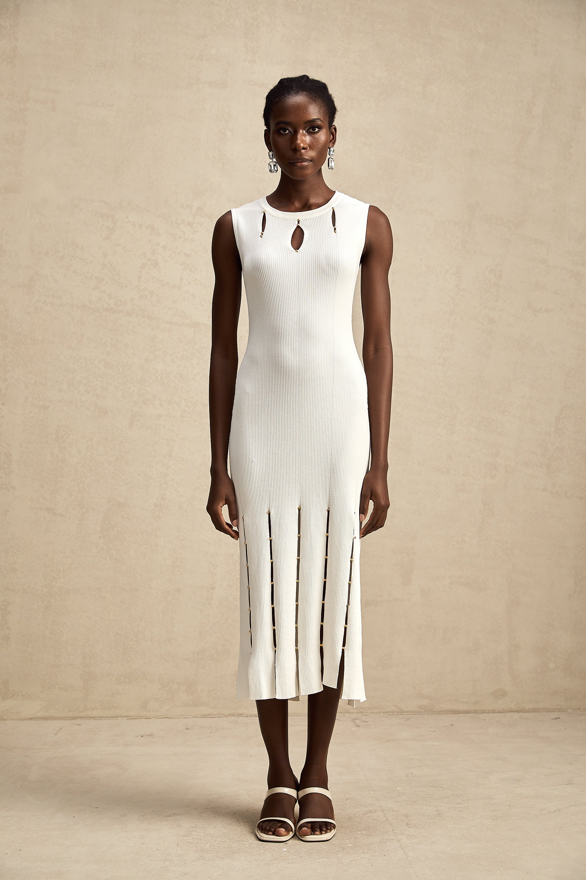 Hilaire white beaded sleeveless cut-out knit midi dress